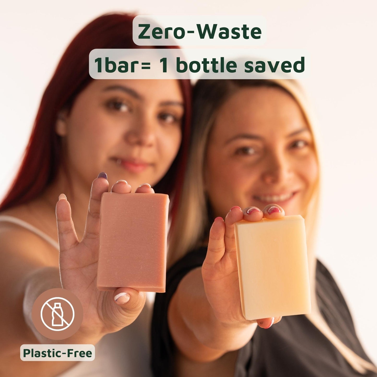 Two women holding bars of soap with text about zero-waste and plastic-free products.