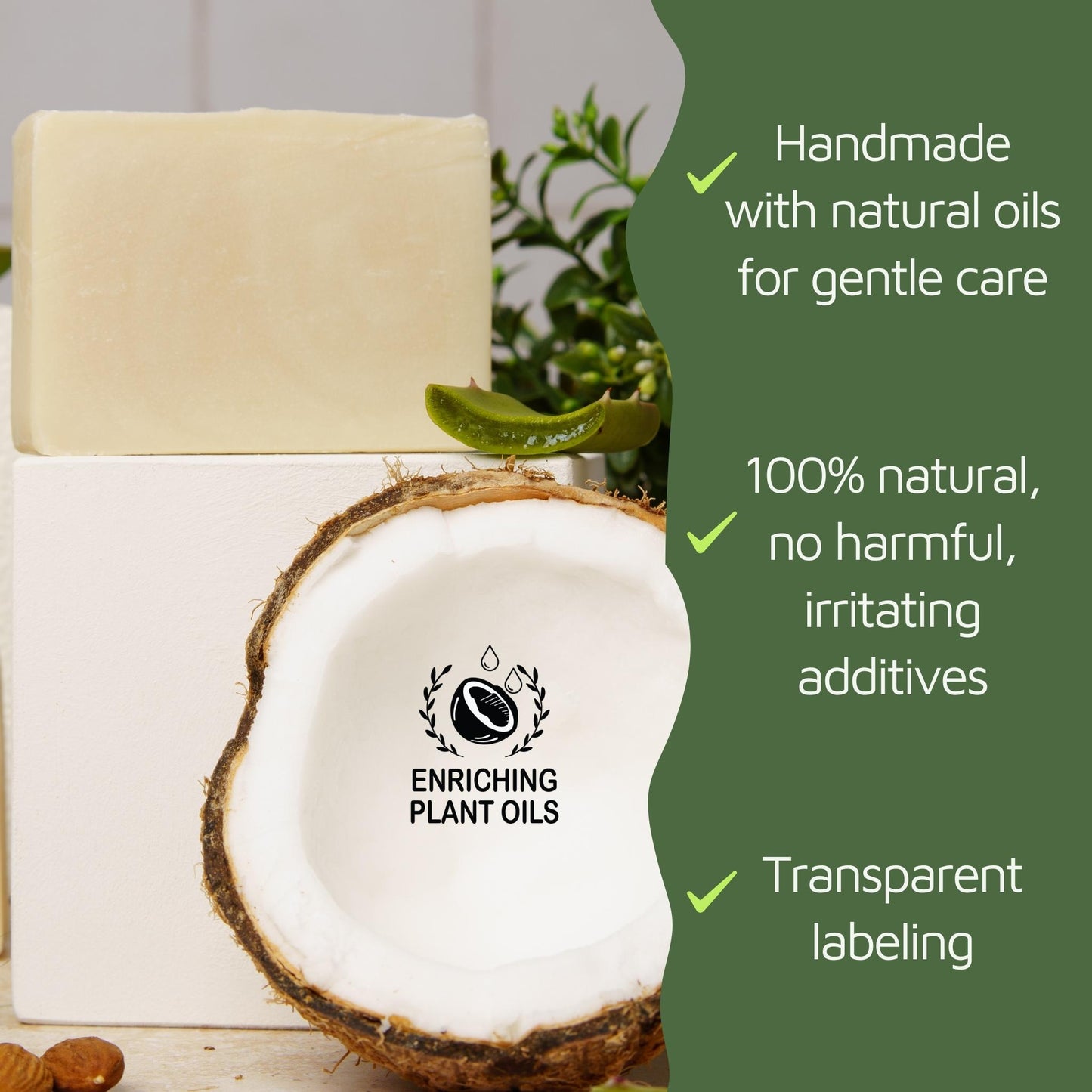 aloe vera soap and coconut with 'Enriching Plant Oils' branding on a green background