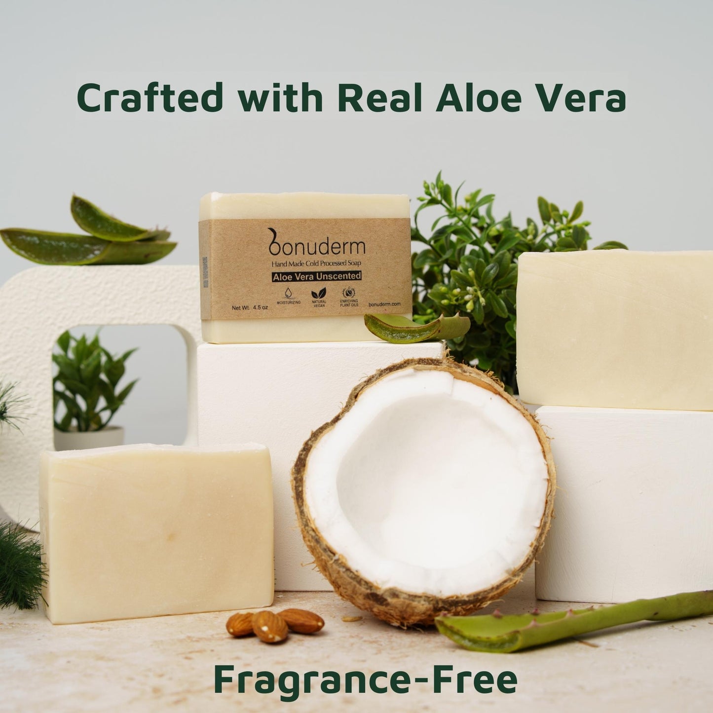 Bonuderm aloe bar soaps with a coconut and aloe vera leaves on a light background