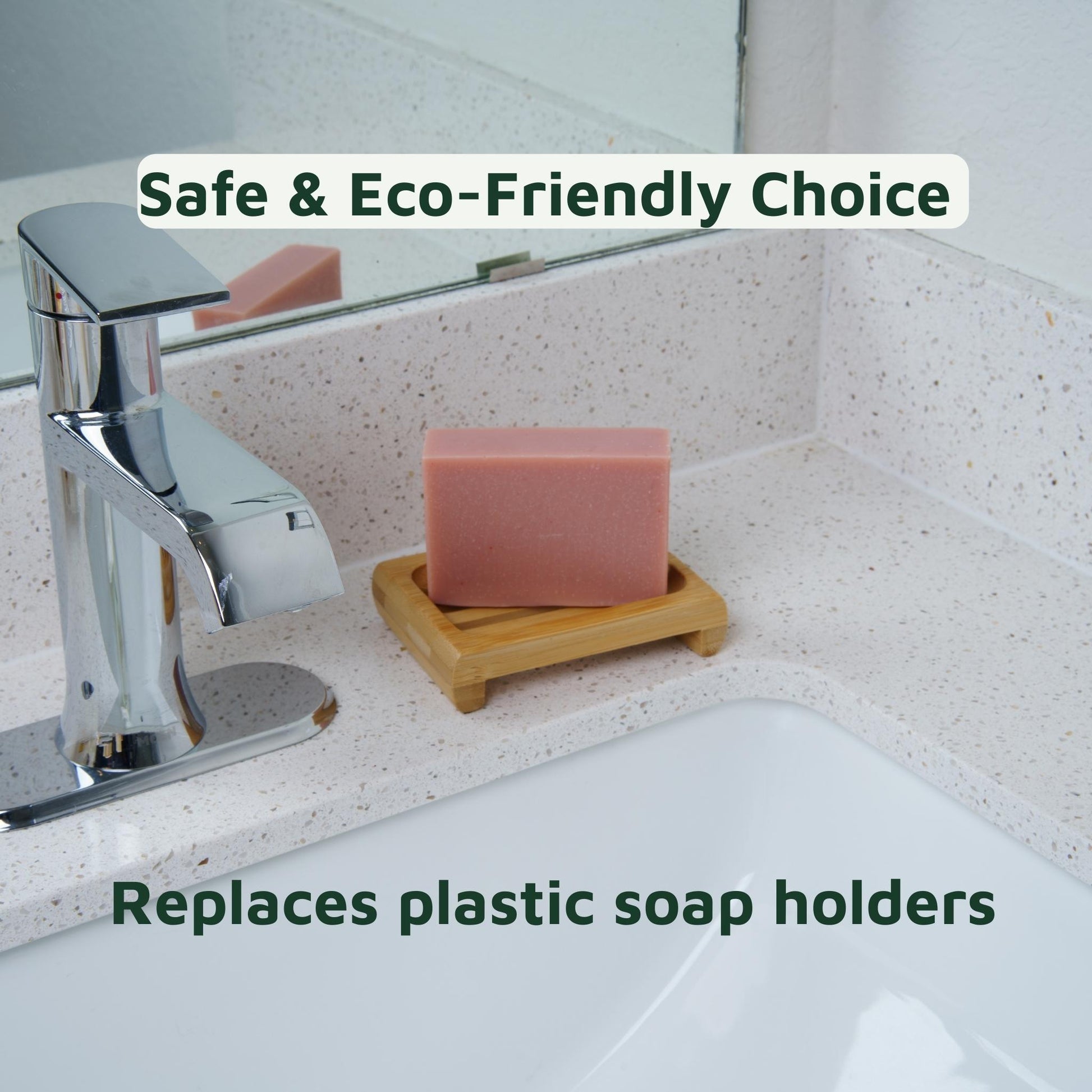 Pink bar of soap on a wooden soap dish with text about eco-friendliness and replacing plastic soap holders.
