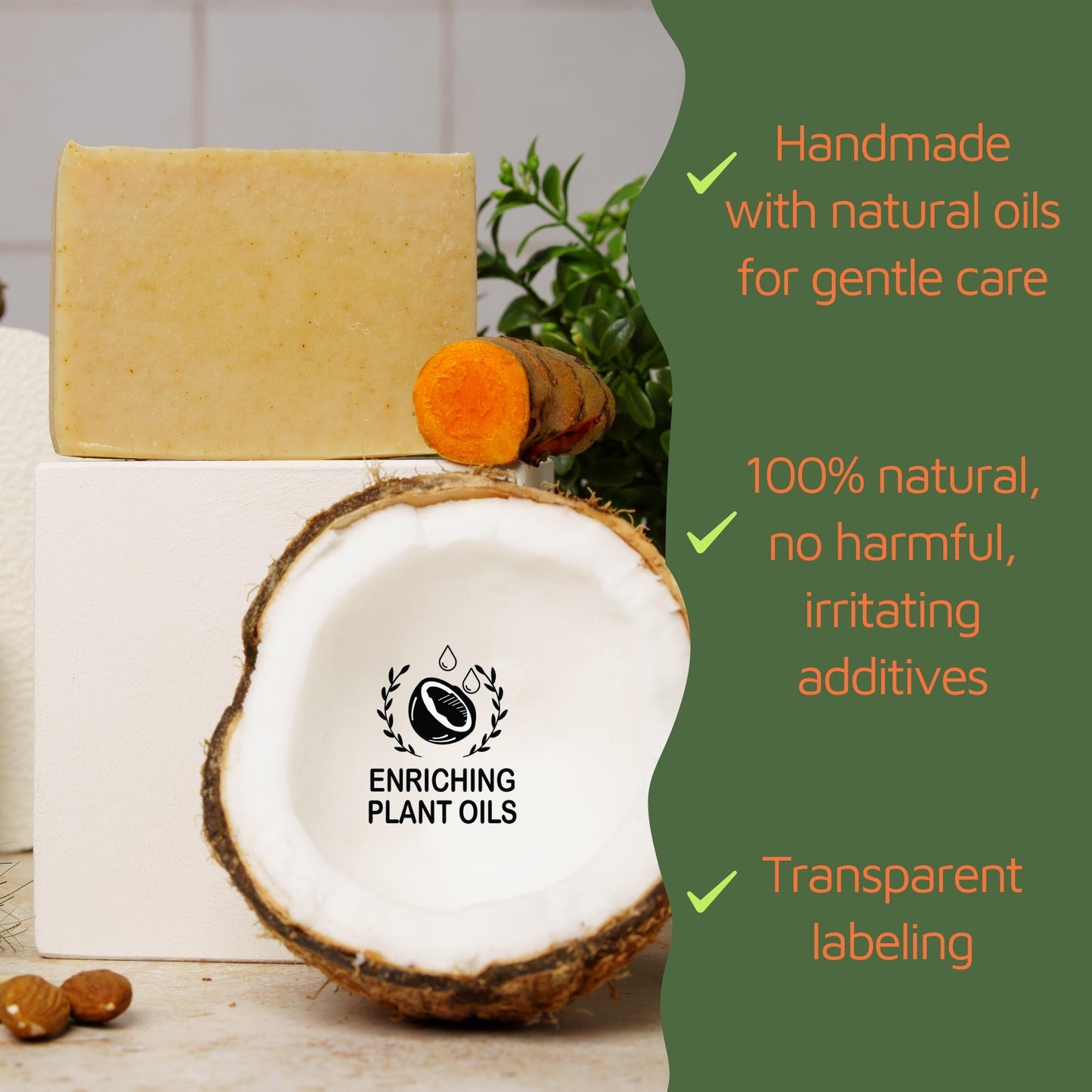Best turmeric soap next to a coconut and real turmeric with ‘Enriching Plant Oils’ branding on a white background