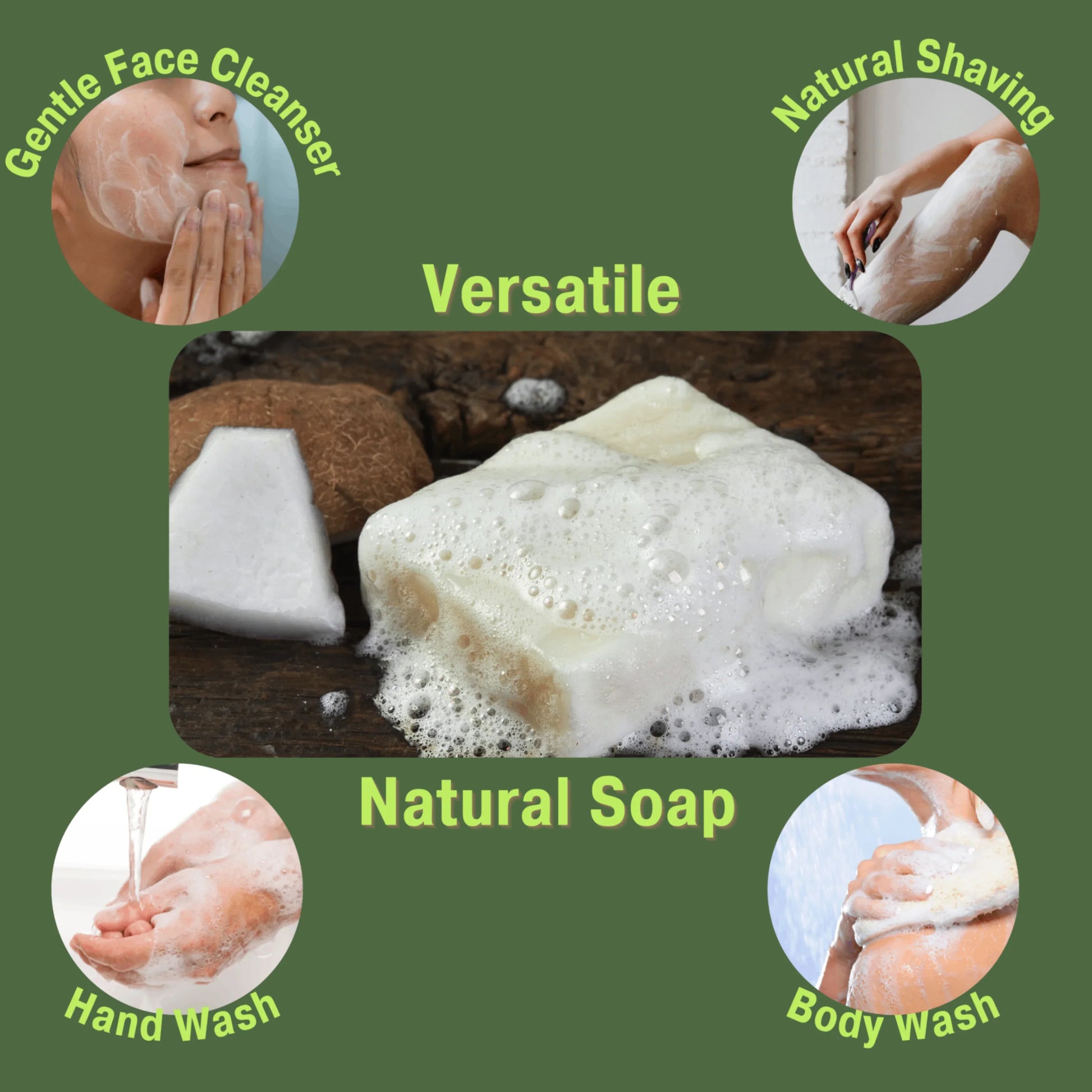 Body soap without fragrance with rich lather shown on a wooden surface beside coconut pieces. Surrounding images highlight multiple uses: gentle face cleanser, natural shaving, hand wash, and body wash.