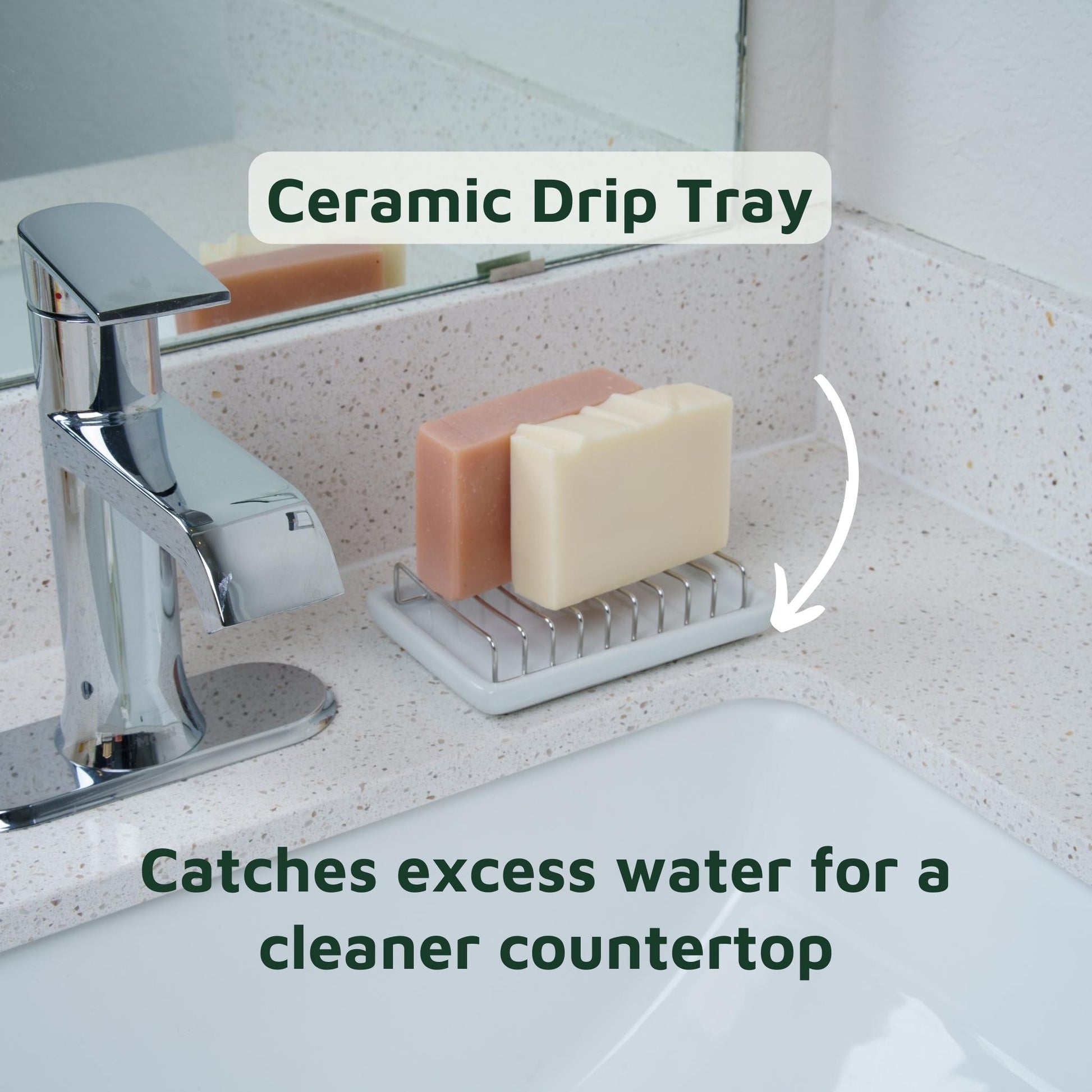 Ceramic soap dish on a bathroom counter with soap and a faucet.