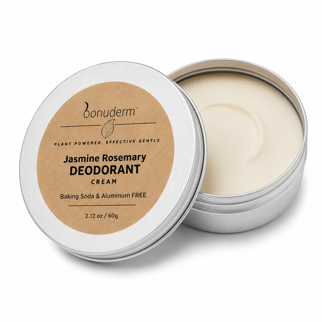 Bonuderm Jasmine Rosemary Deodorant Cream in a silver metal tin, with the lid leaning against the open container to show the cream inside and the kraft paper label.