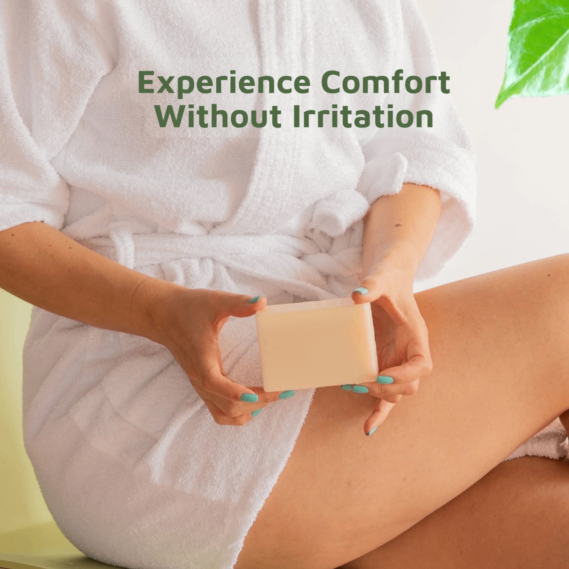 Women holding a fragrance free soap with text 'Experience Comfort Without Irritation' on a white background