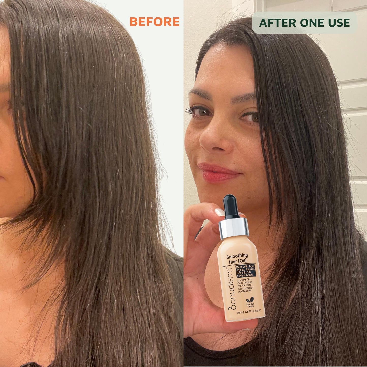 Before and after comparison of hair oil for for humidity, with a bottle held by a person