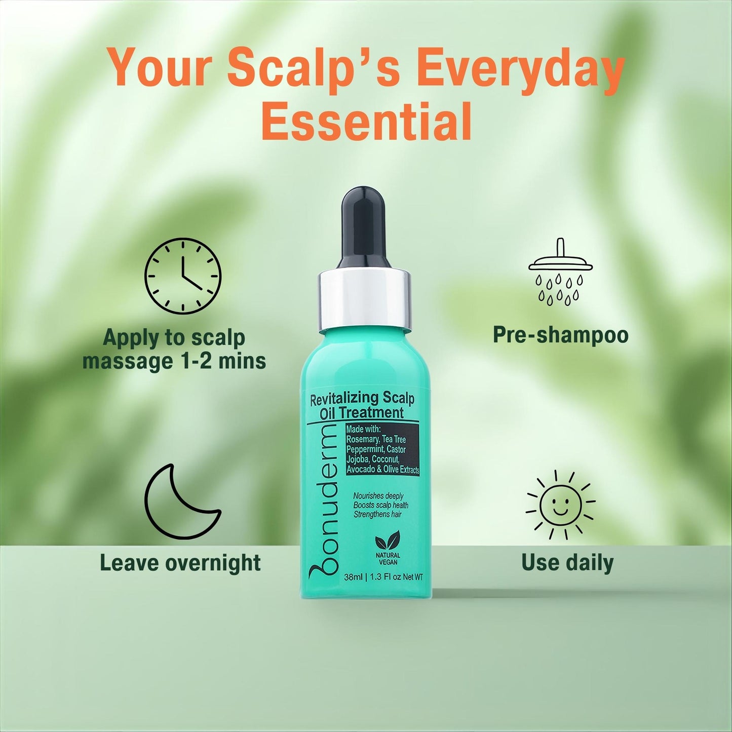 How to use Bonuderm hair scalp oil with icons showing pre-shampoo, overnight, and daily use