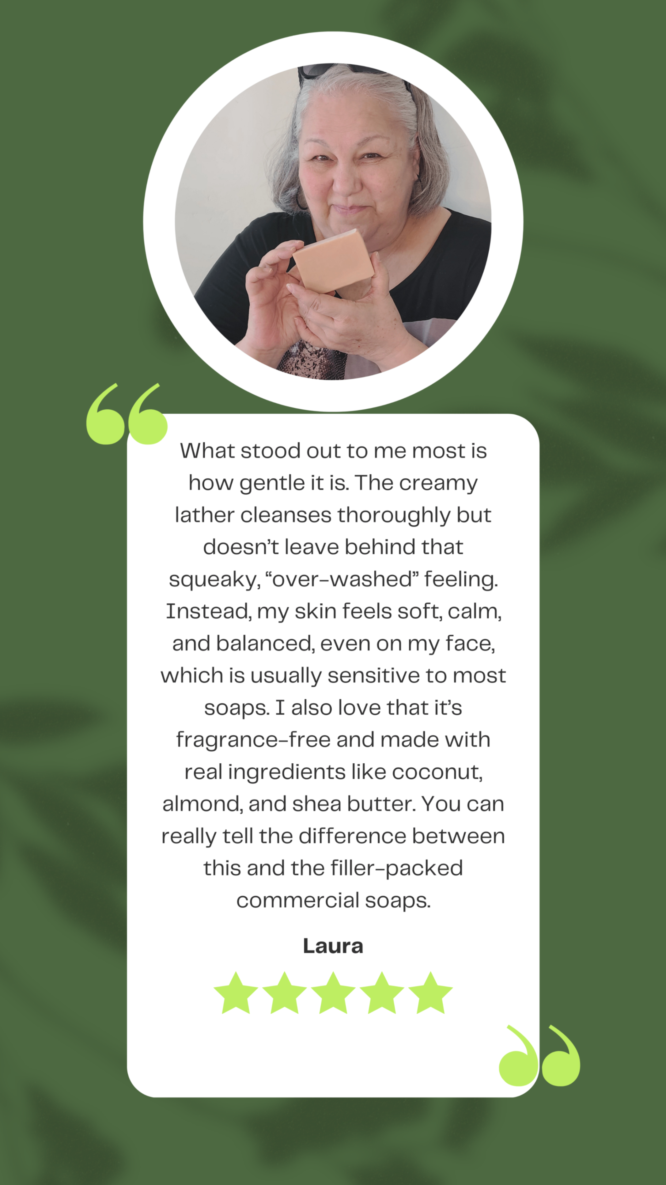 Product review with a woman holding a handmade soap bar on a green background