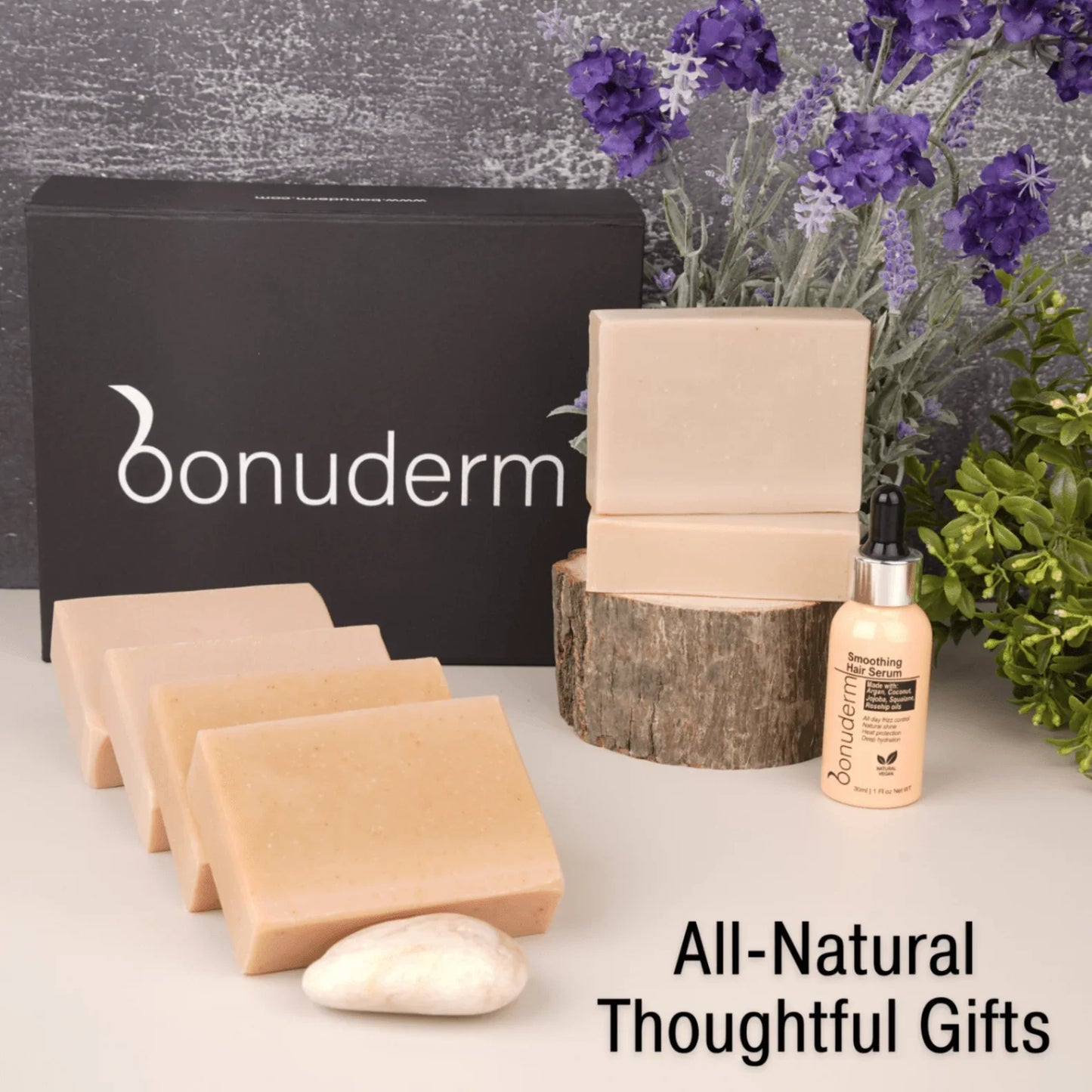 Lavender Soap Gift Set – 6 Natural Lavender Themed Bars & Hair Serum - Bonuderm