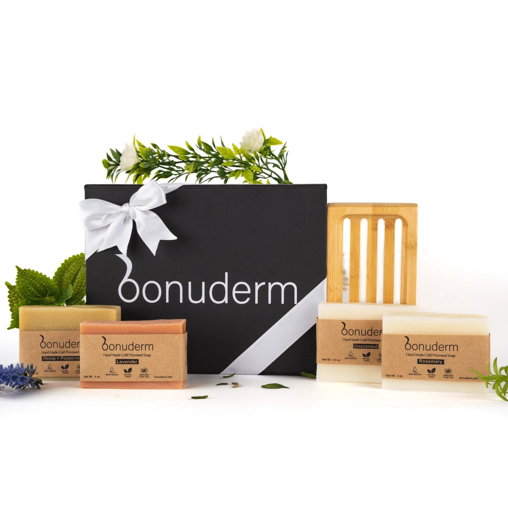 Moisturizing Handmade Vegan Soap Gift Set – 4 Natural Bars & Dish - Bonuderm
