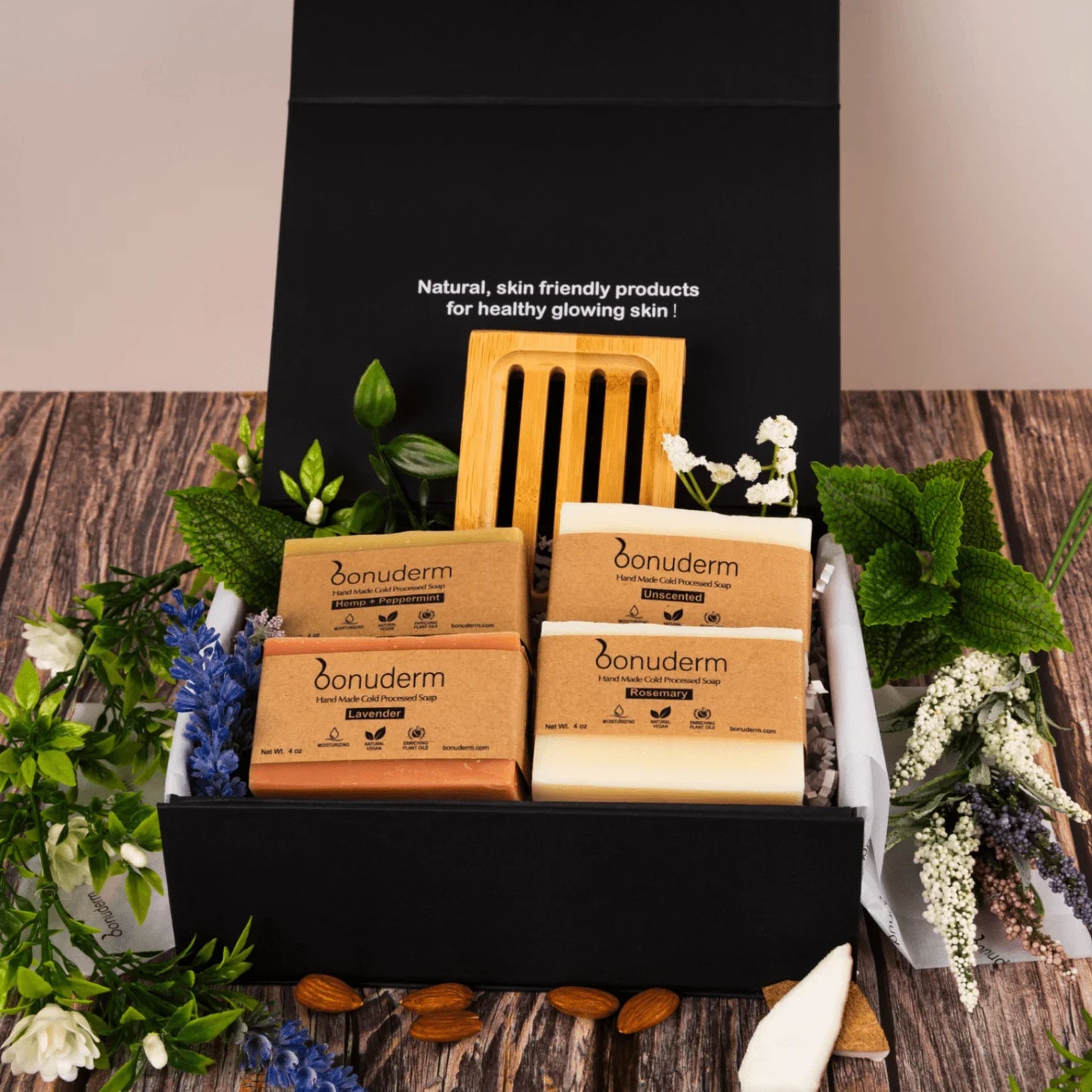 Moisturizing Handmade Vegan Soap Gift Set – 4 Natural Bars & Dish - Bonuderm