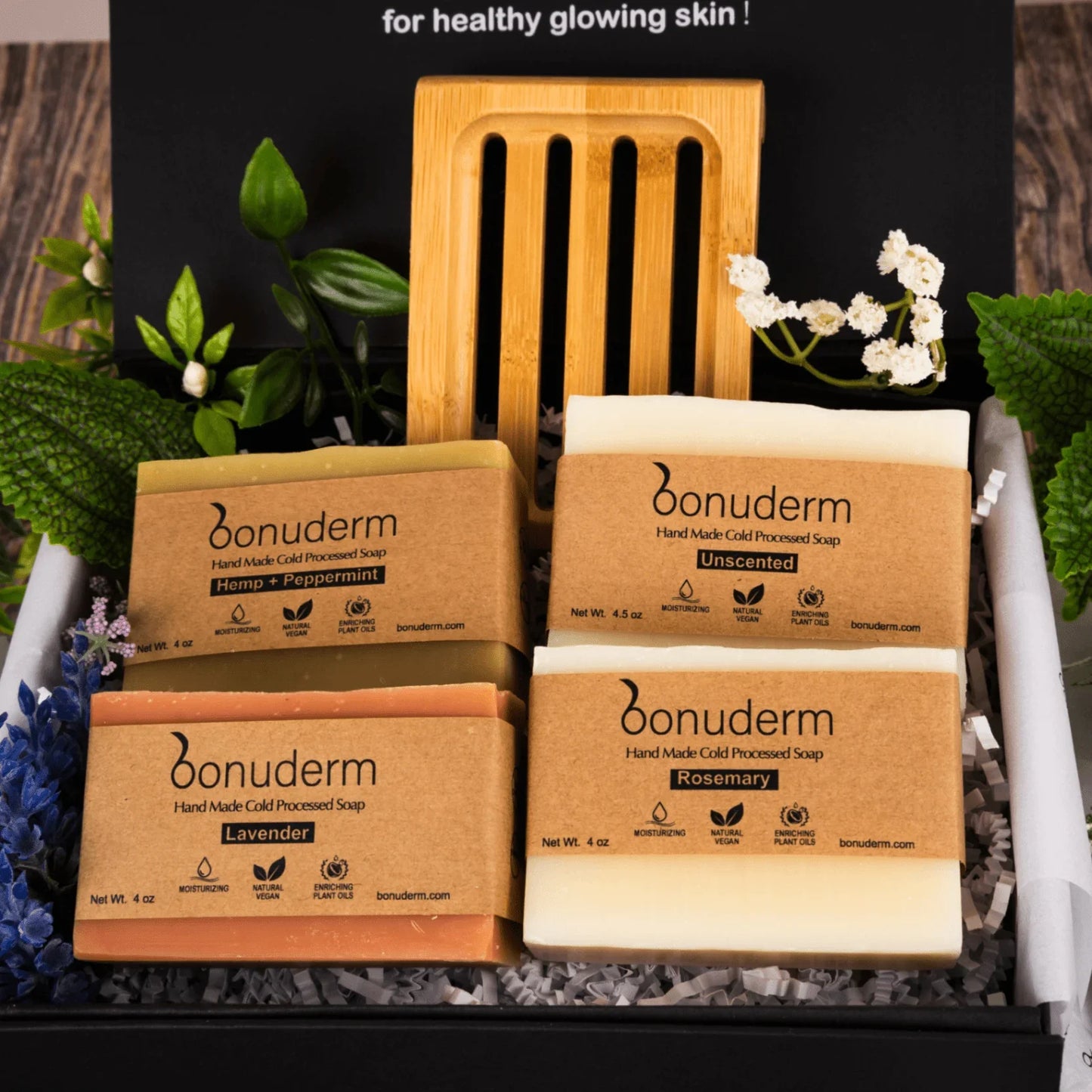 Moisturizing Handmade Vegan Soap Gift Set – 4 Natural Bars & Dish - Bonuderm