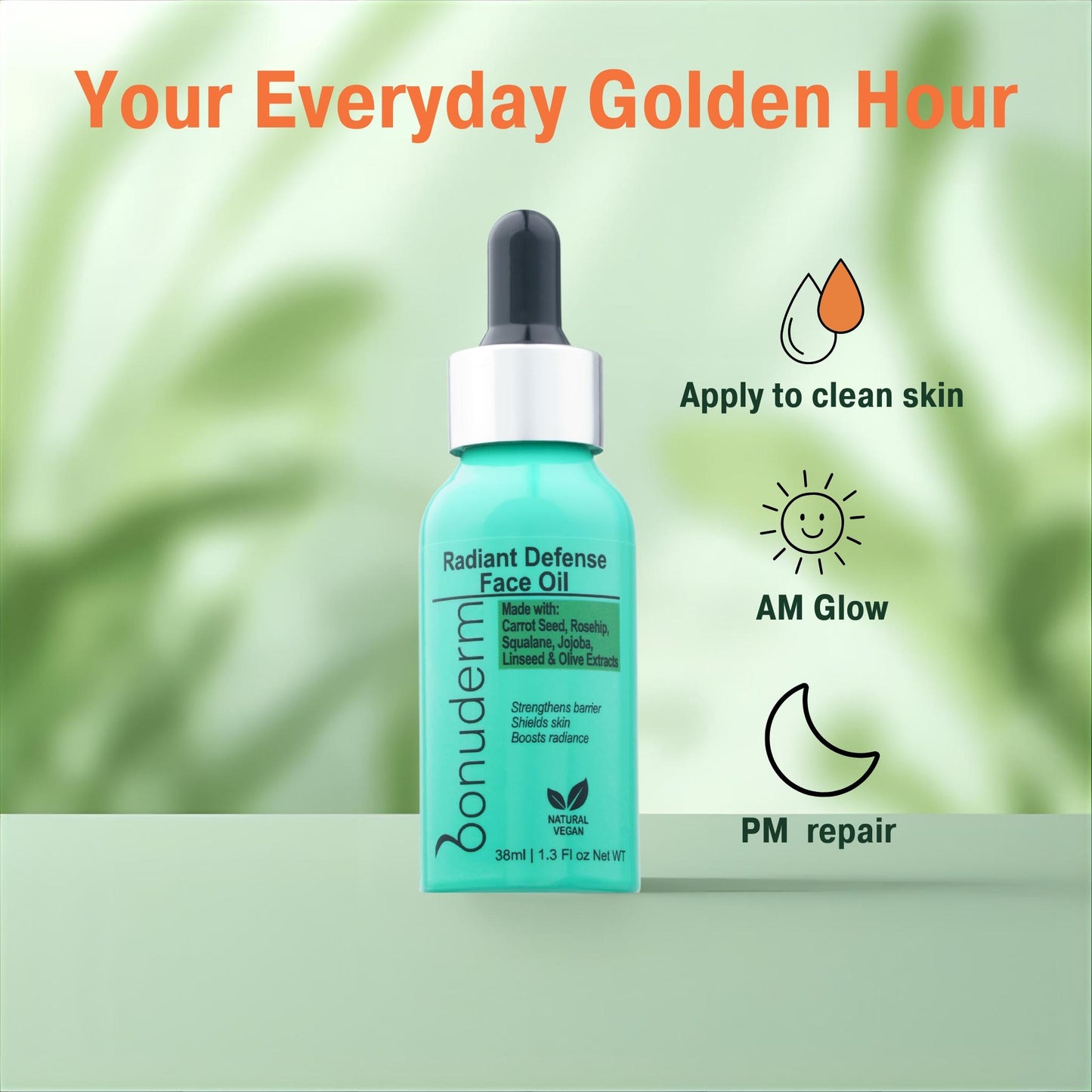 moisturizing face oil green bottle with icons for daily use