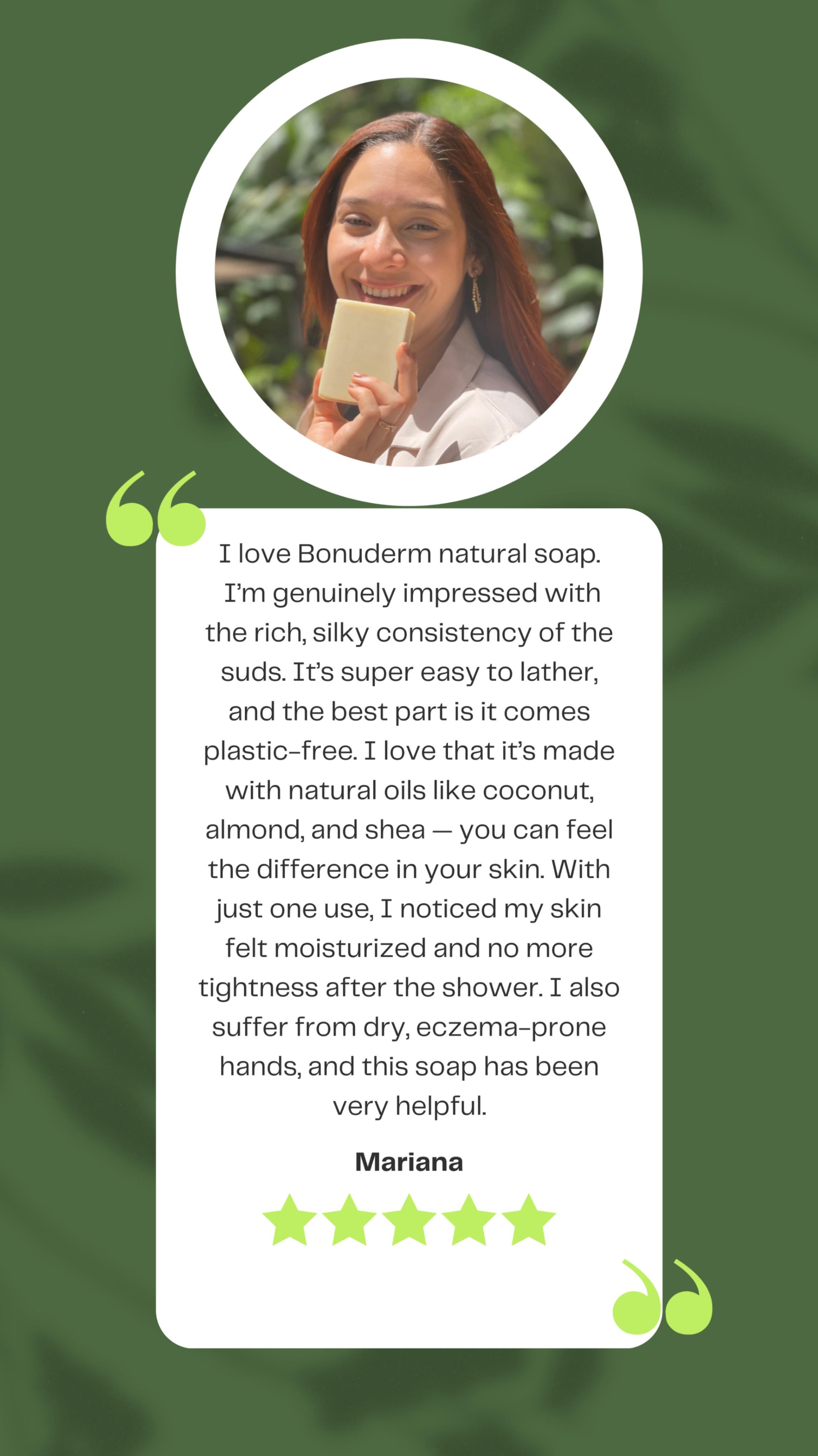 testimonial with a woman using bonduerm natural soap on a green background