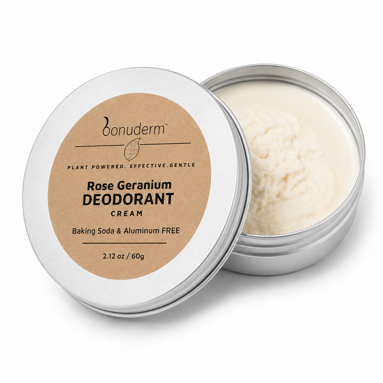 An open round silver tin of Bonuderm Rose Geranium Natural Deodorant Cream, showing the off-white cream inside, with the lid leaning against it. The lid features a kraft paper label with black text.