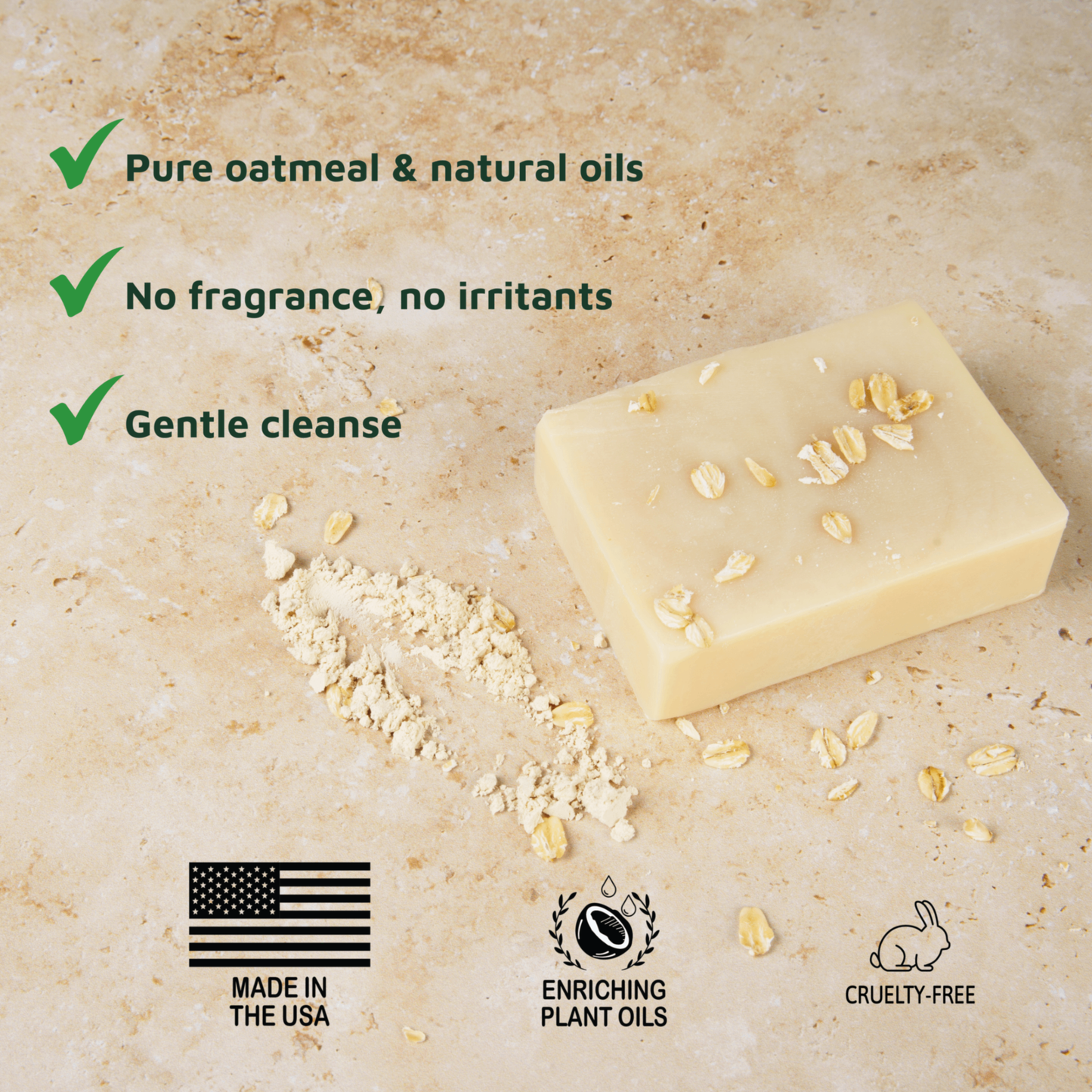 oatmeal soap for eczema with pieces on a beige background, featuring text about natural ingredients, fragrance-free, gentle cleanser.