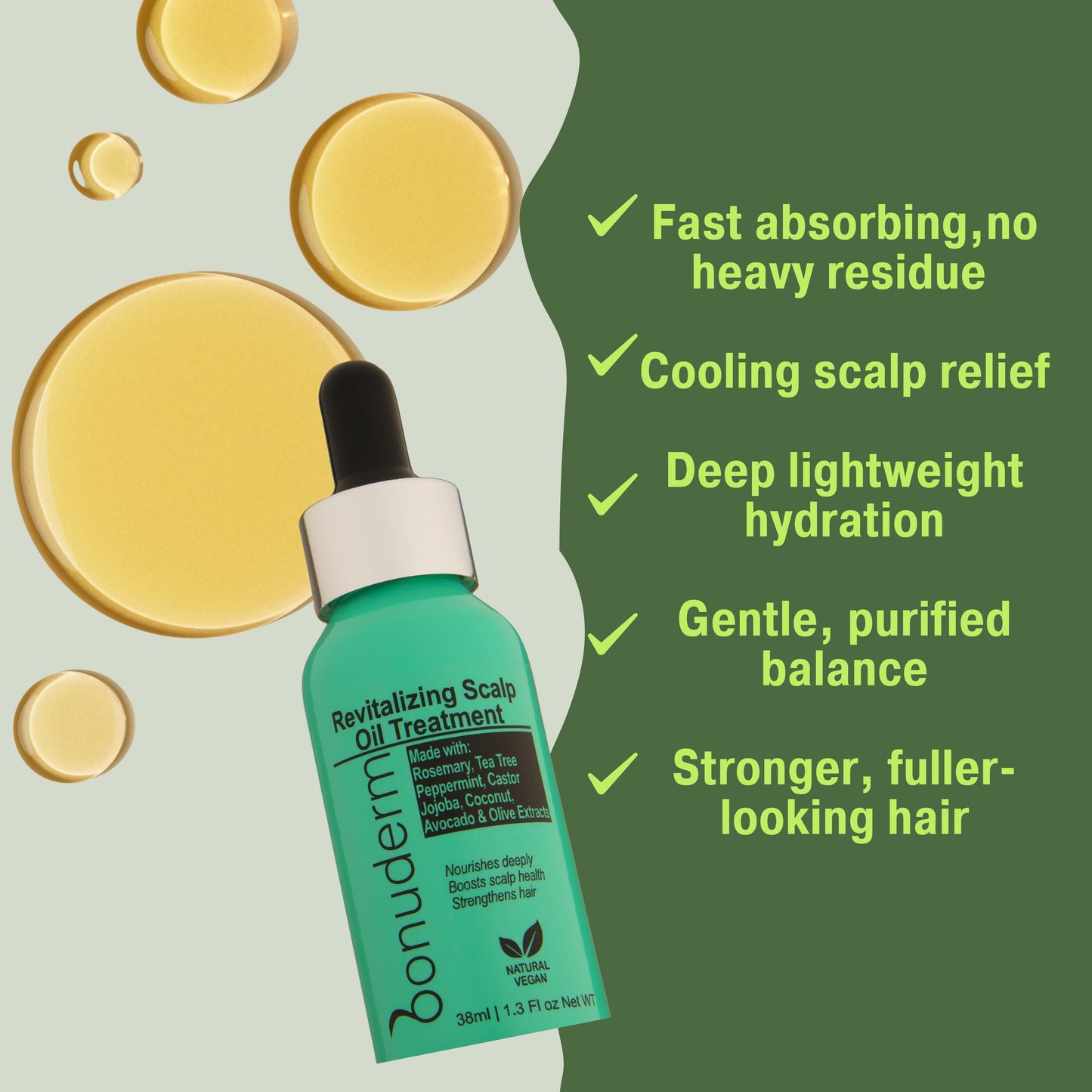 Pre wash Scalp Oil bottle with oil droplets and product benefits including hydration, cooling relief, balance, and stronger hair on a green background