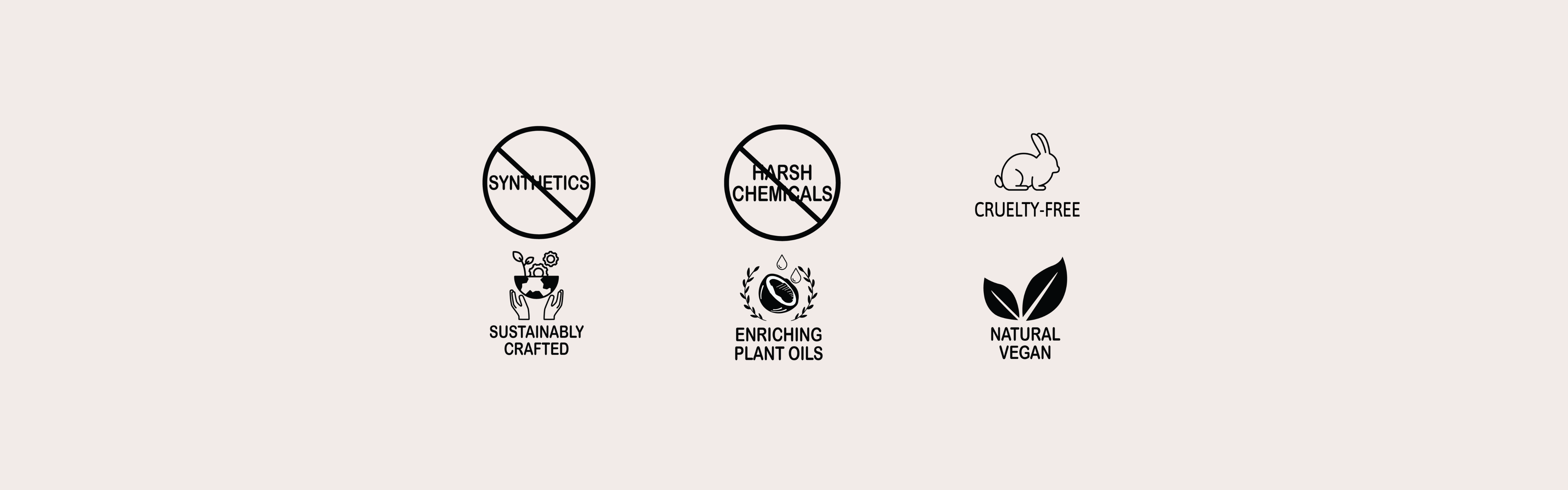 Icons of no synthetics, no harsh chemicals, cruelty free, sustainably crafted, enriching plant oils, natural and vegan unscented soap.