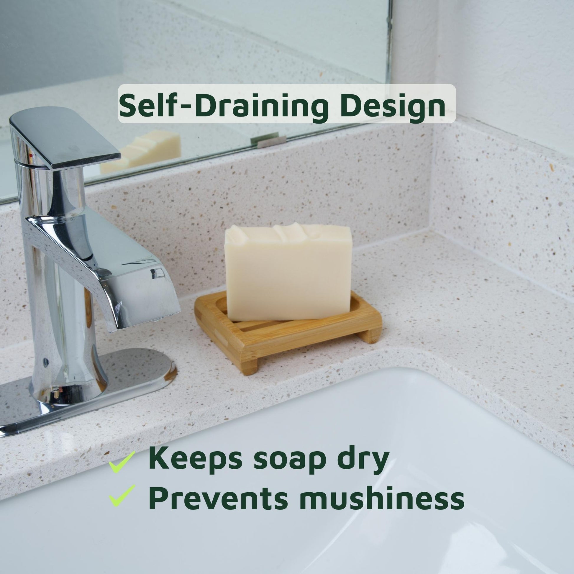 Bathroom sink with soap on a wooden soap dish, featuring text about self-draining design.