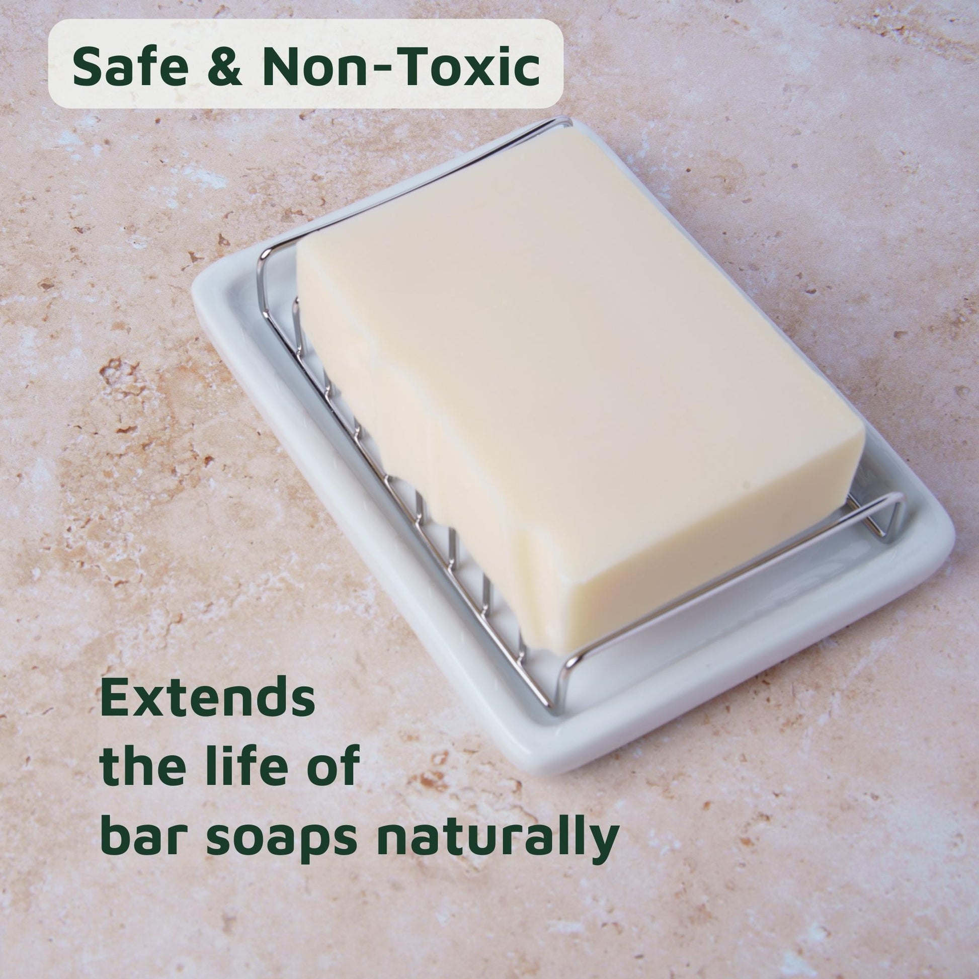 Bar of soap in a soap holder with text about safety and non-toxicity on a beige background