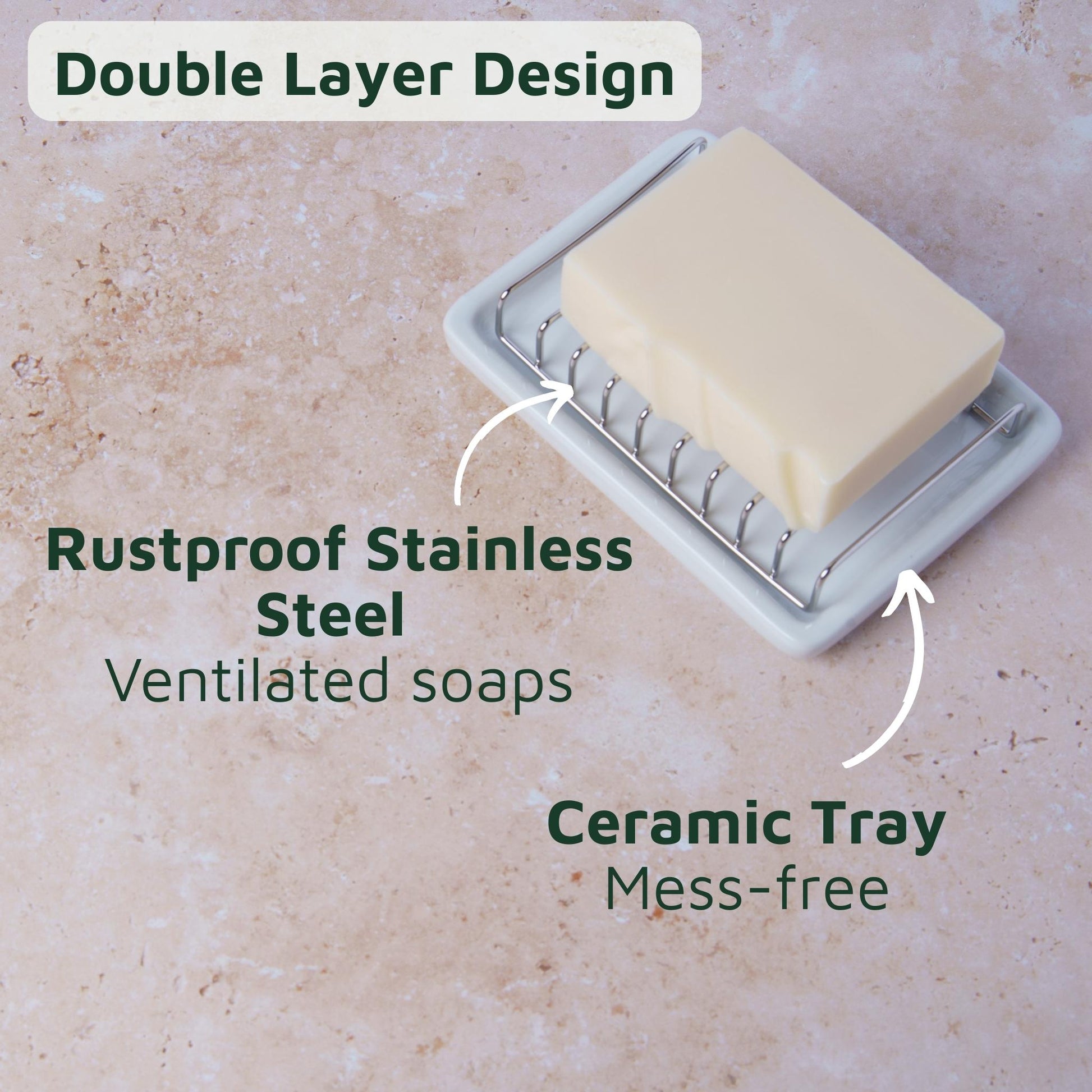 bar soap on a soap tray with text highlighting features