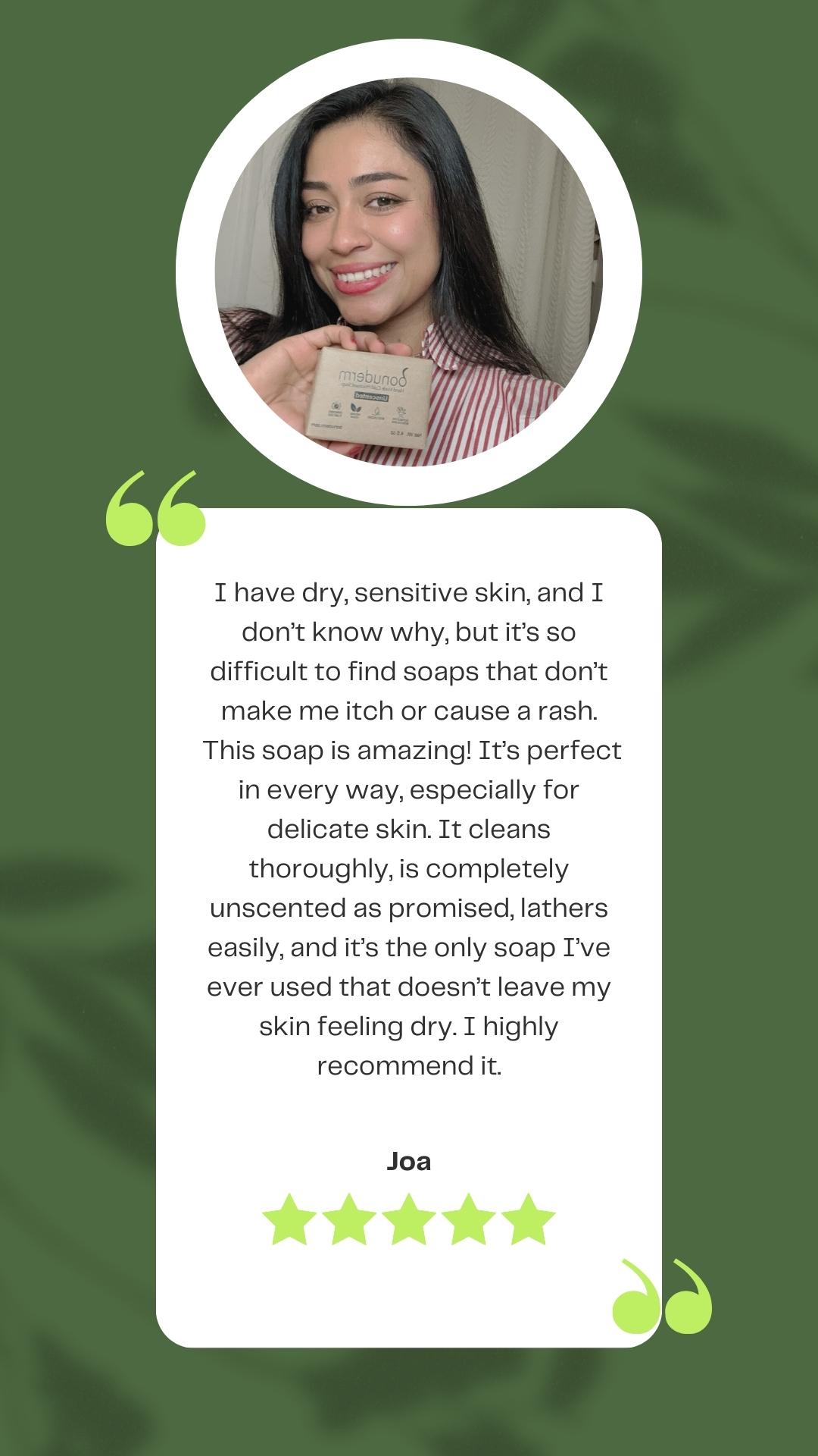 testimonial of a woman holding a soap  with moisturizer  and a green background