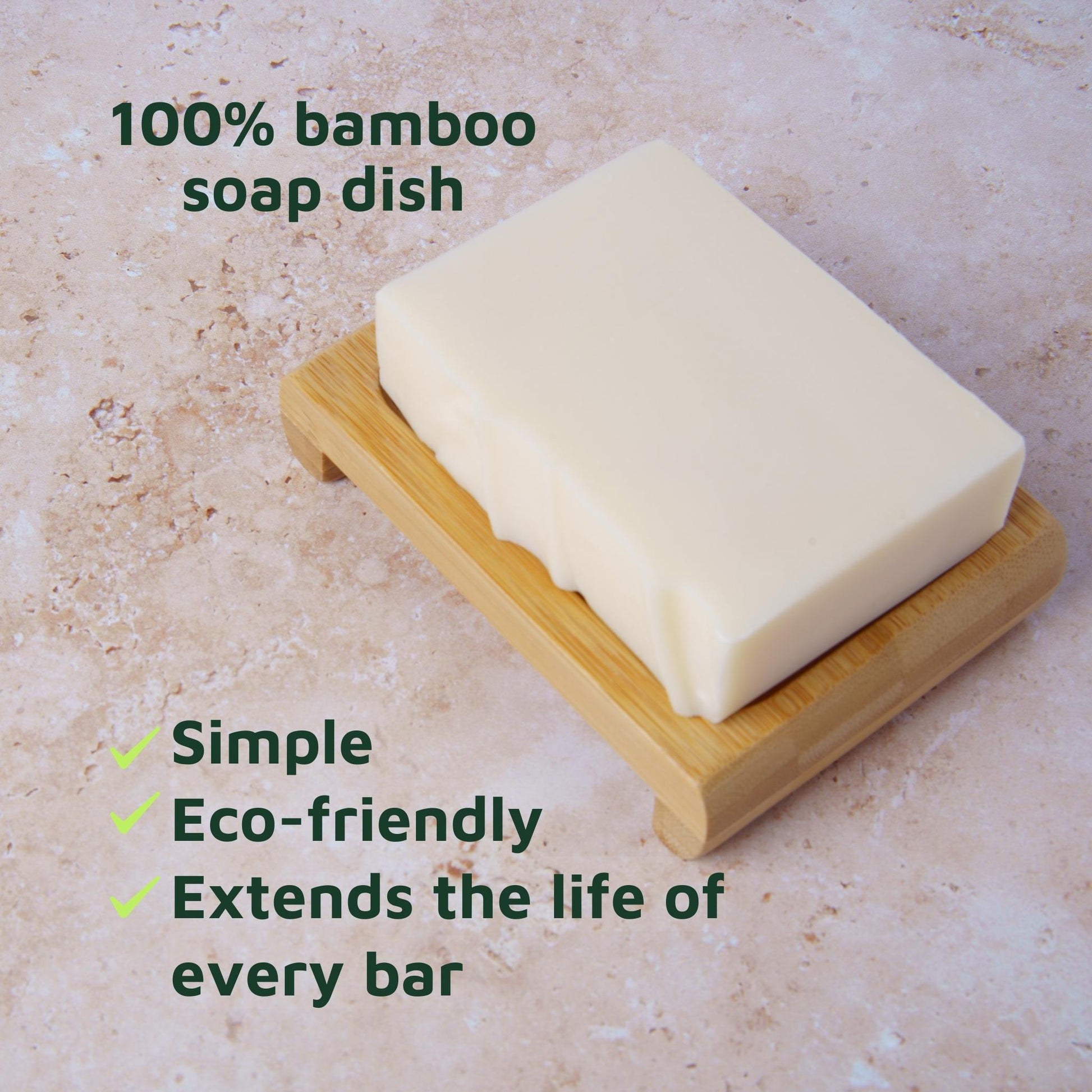 Bamboo soap dish with a bar of soap on a textured surface, featuring text about eco-friendliness.