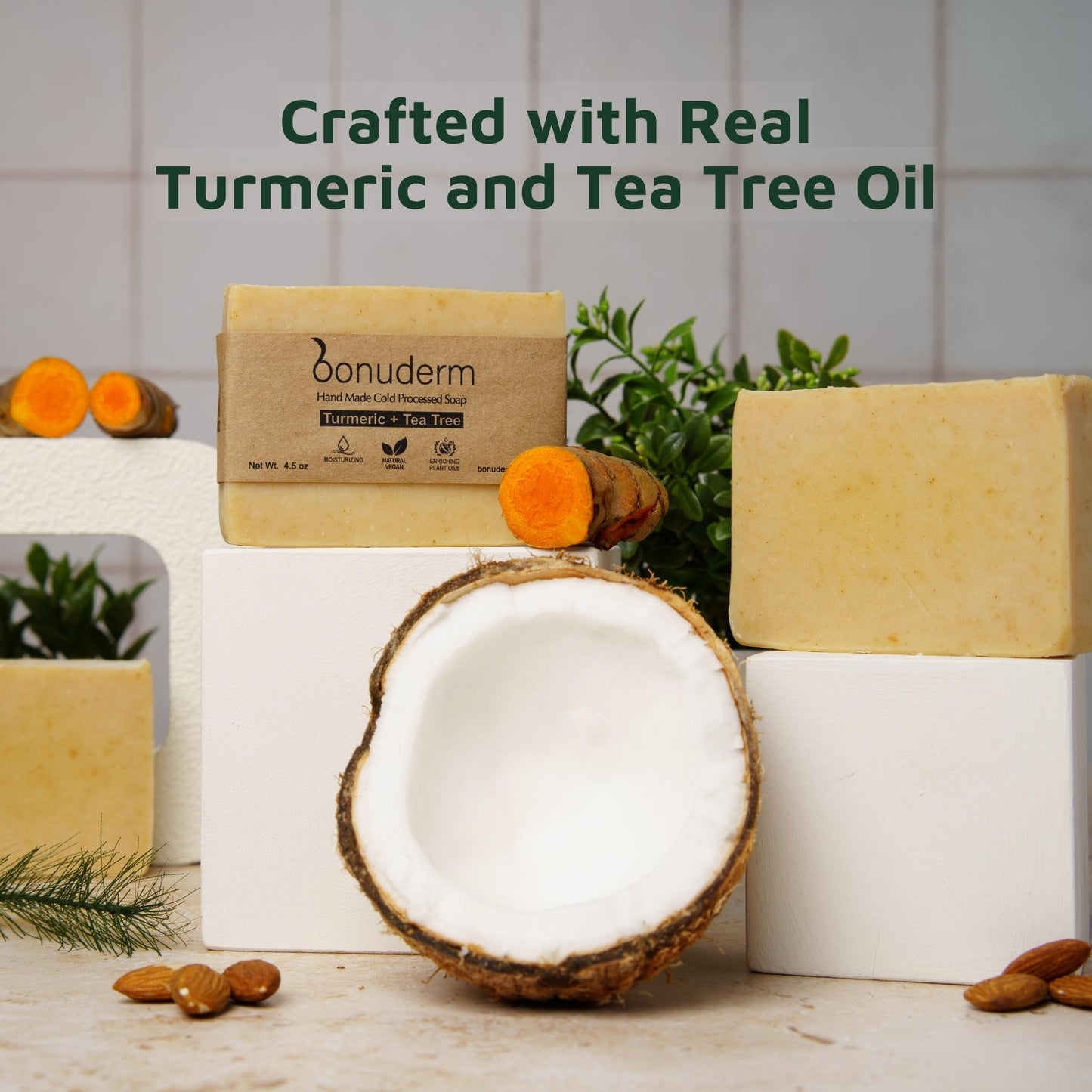 Turmeric soap for dark spots with natural ingredients—turmeric, coconut, and almonds—on white background