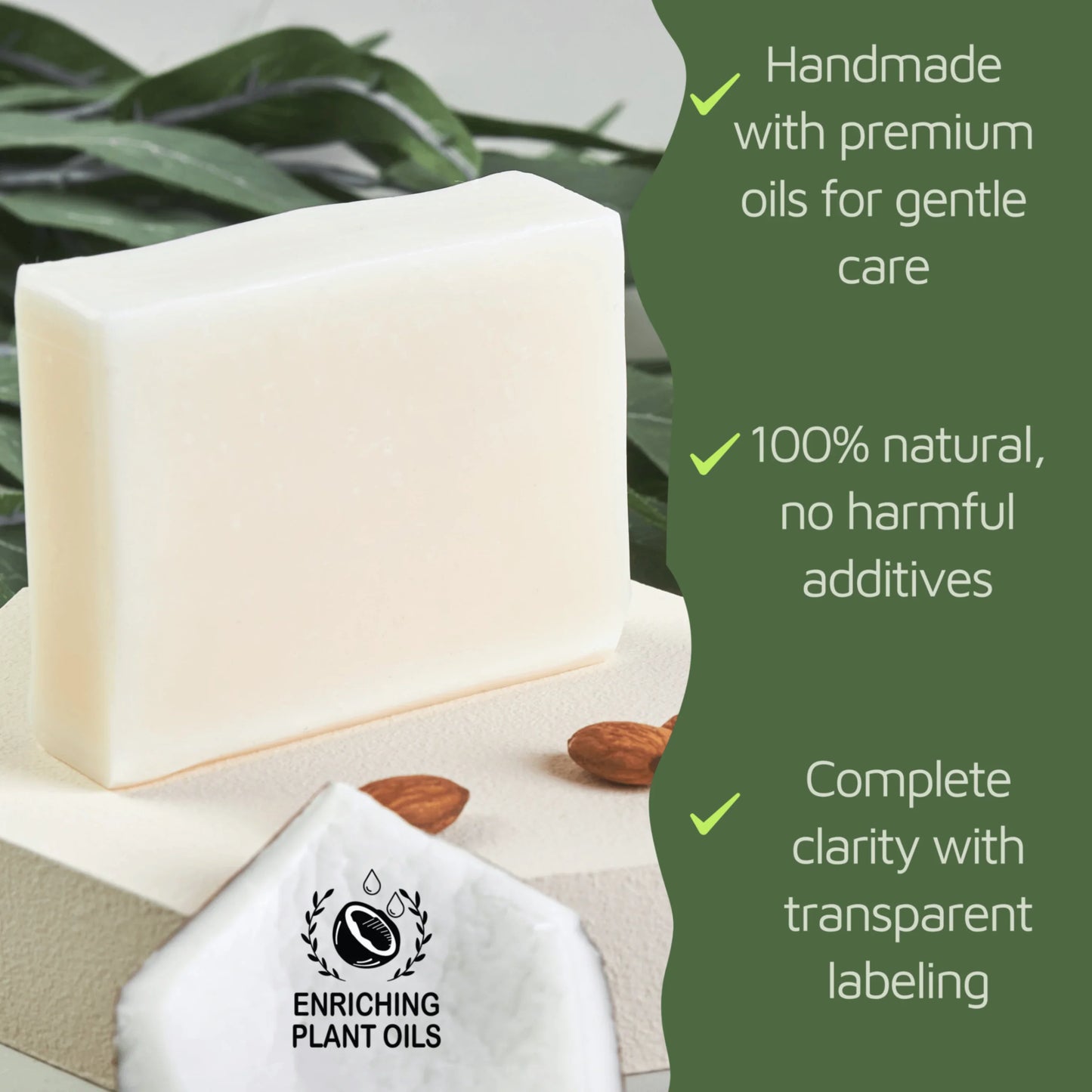 Unscented body soap bar displayed on a beige block with almonds and coconut in front, symbolizing its nourishing ingredients. Text on the side highlighting premium natural ingredients with an icon labeled “Enriching Plant Oils"