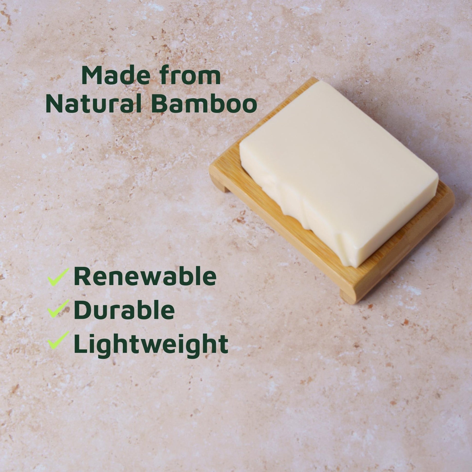 Bar of soap on a bamboo soap dish with text highlighting sustainability benefits on a beige background