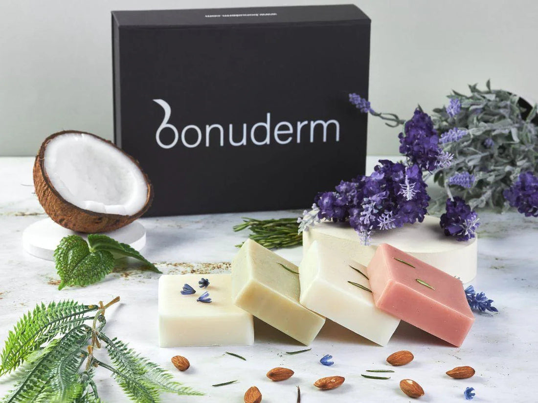 handcrafted mild soaps for sensitive skin with botanical ingredients displayed beside bonuderm box