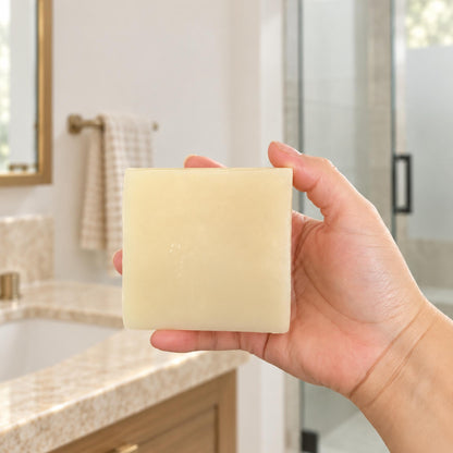 EcoFriendly solid Shampoo bar hold by a hand in a bathroom 