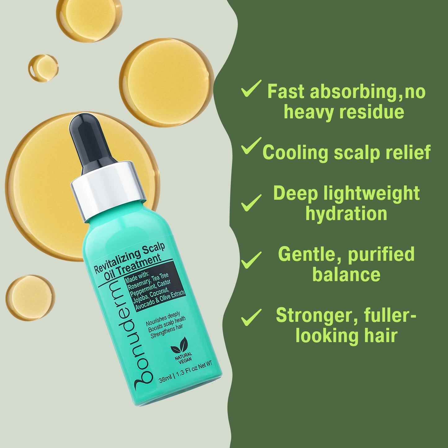 Pre wash  Scalp Oil  bottle with oil droplets and product benefits including hydration, cooling relief, balance, and stronger hair on a green background