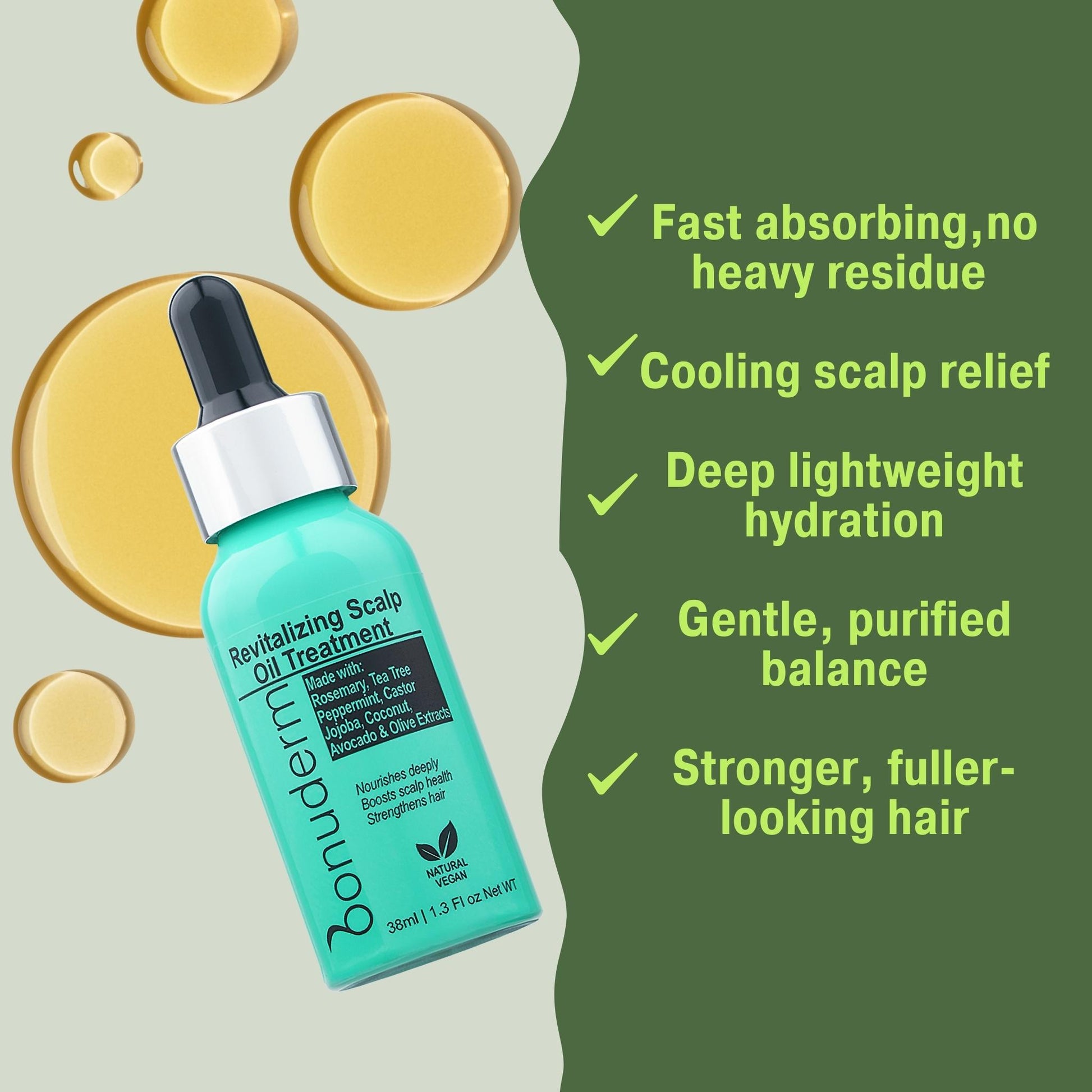 Pre wash  Scalp Oil  bottle with oil droplets and product benefits including hydration, cooling relief, balance, and stronger hair on a green background