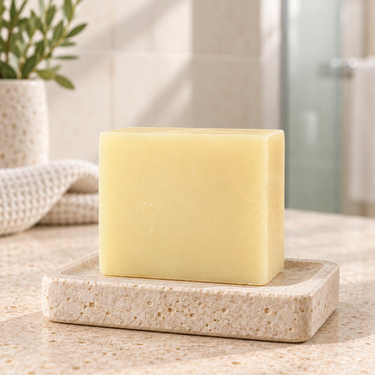 A Rosemary shampoo bar resting on a speckled beige soap dish on a bathroom counter, with a blurred plant and tiled wall in the background.