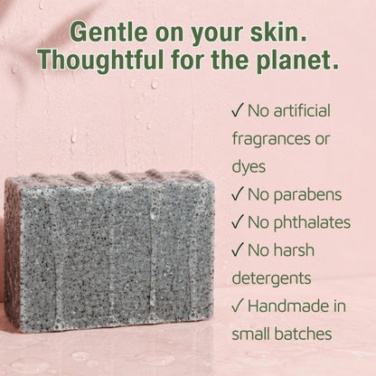 Handmade eucalyptus activated charcoal soap with water droplets highlighting its gentle formula free from artificial fragrances, parabens, phthalates, and harsh detergents.