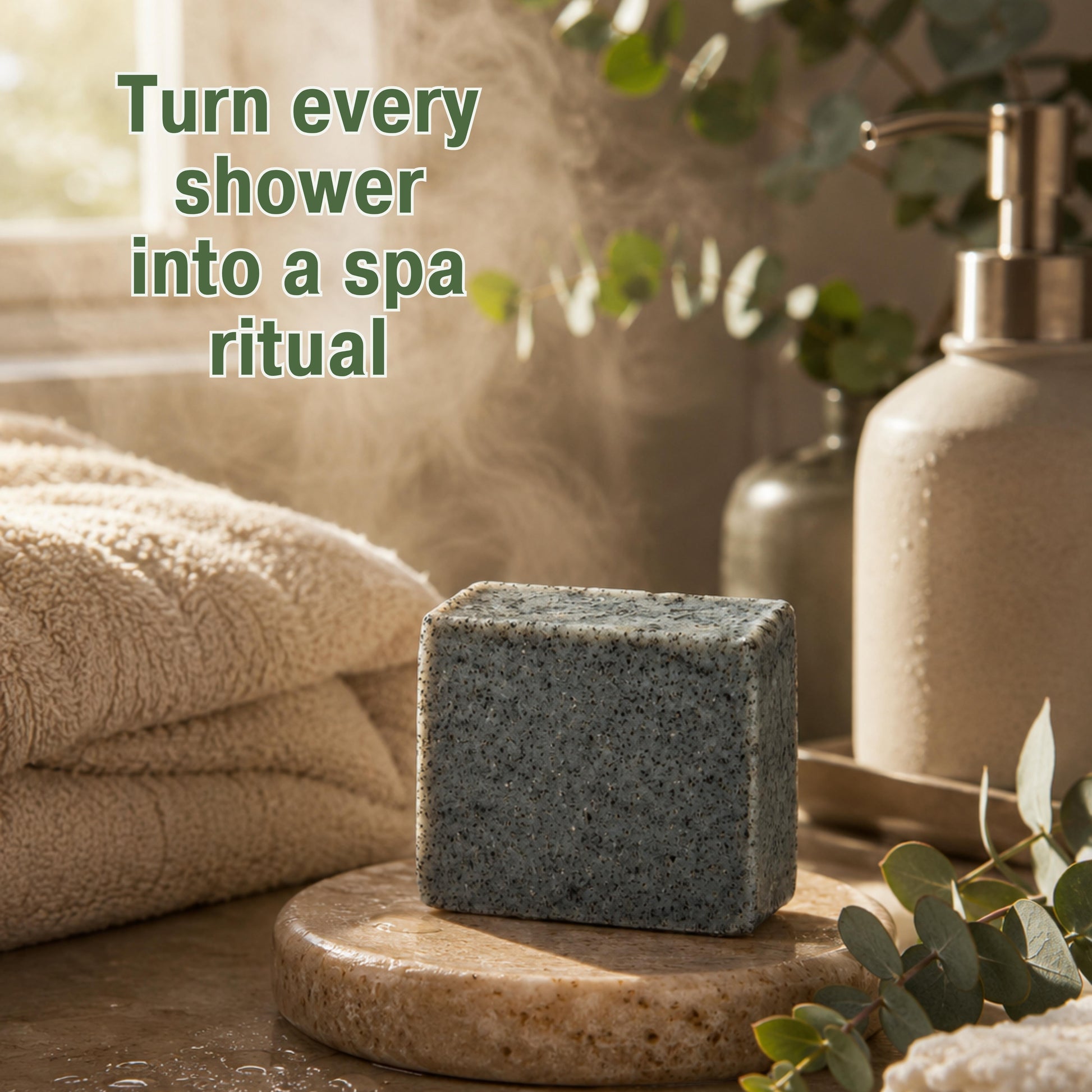 Handmade eucalyptus activated charcoal soap on a stone tray with soft towels and warm morning light creating a calming spa-inspired bathroom ritual