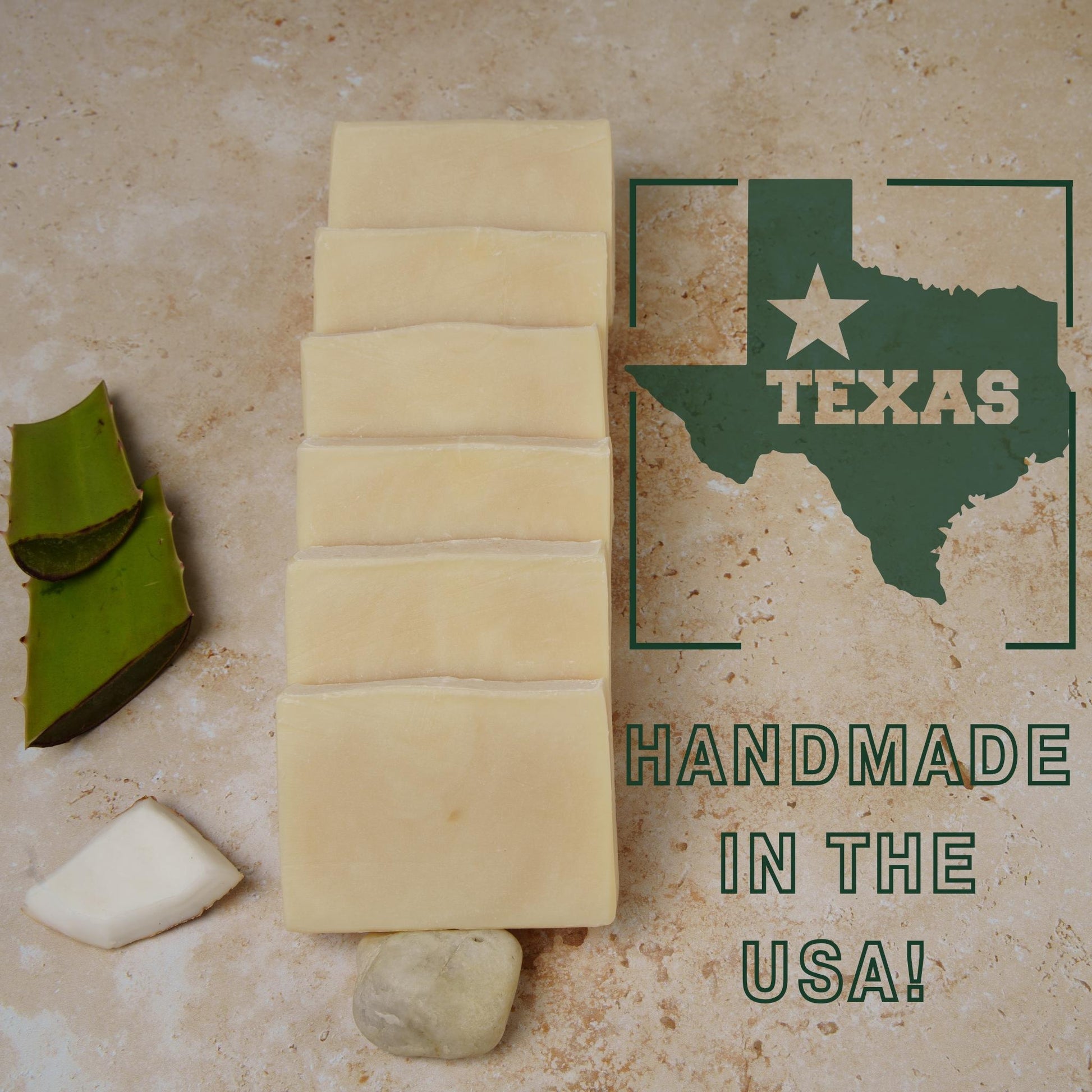 aloe vera homemade soap with aloe vera pieces on a surface with a Texas map and 'Handmade in the USA' text.