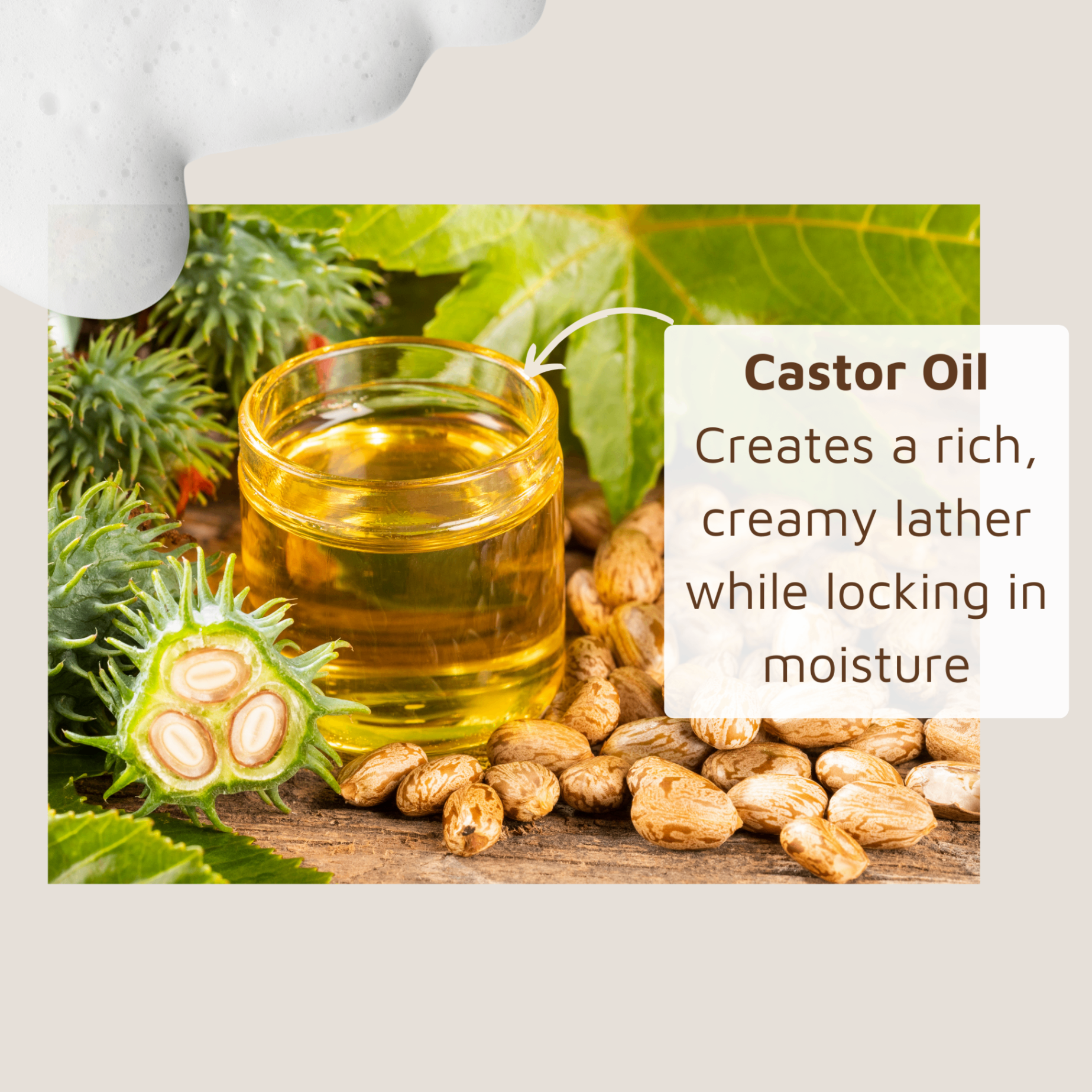 Castor oil in glass container showing message that it creates a soap that is creamy, rich lather while locking in moisture. 