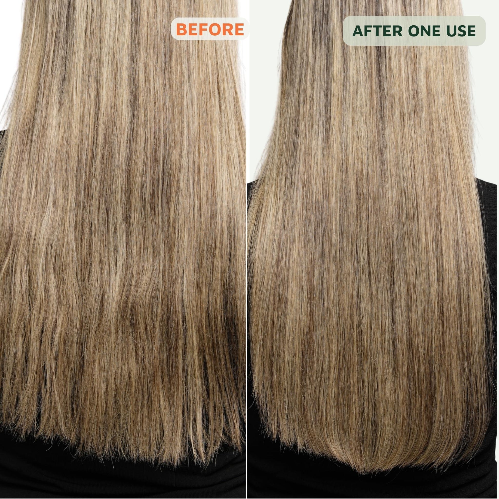 Before and after comparison of hair treatment on a person with blonde hair.