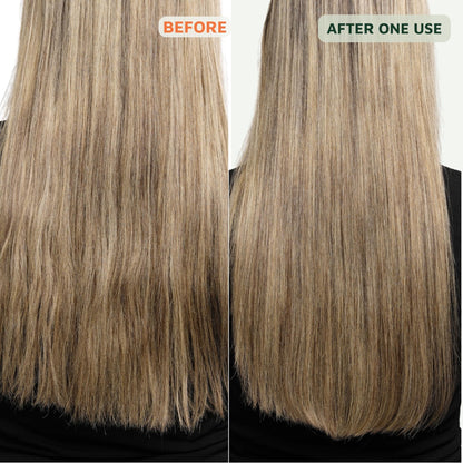 Before and after comparison of hair treatment on a person with blonde hair.