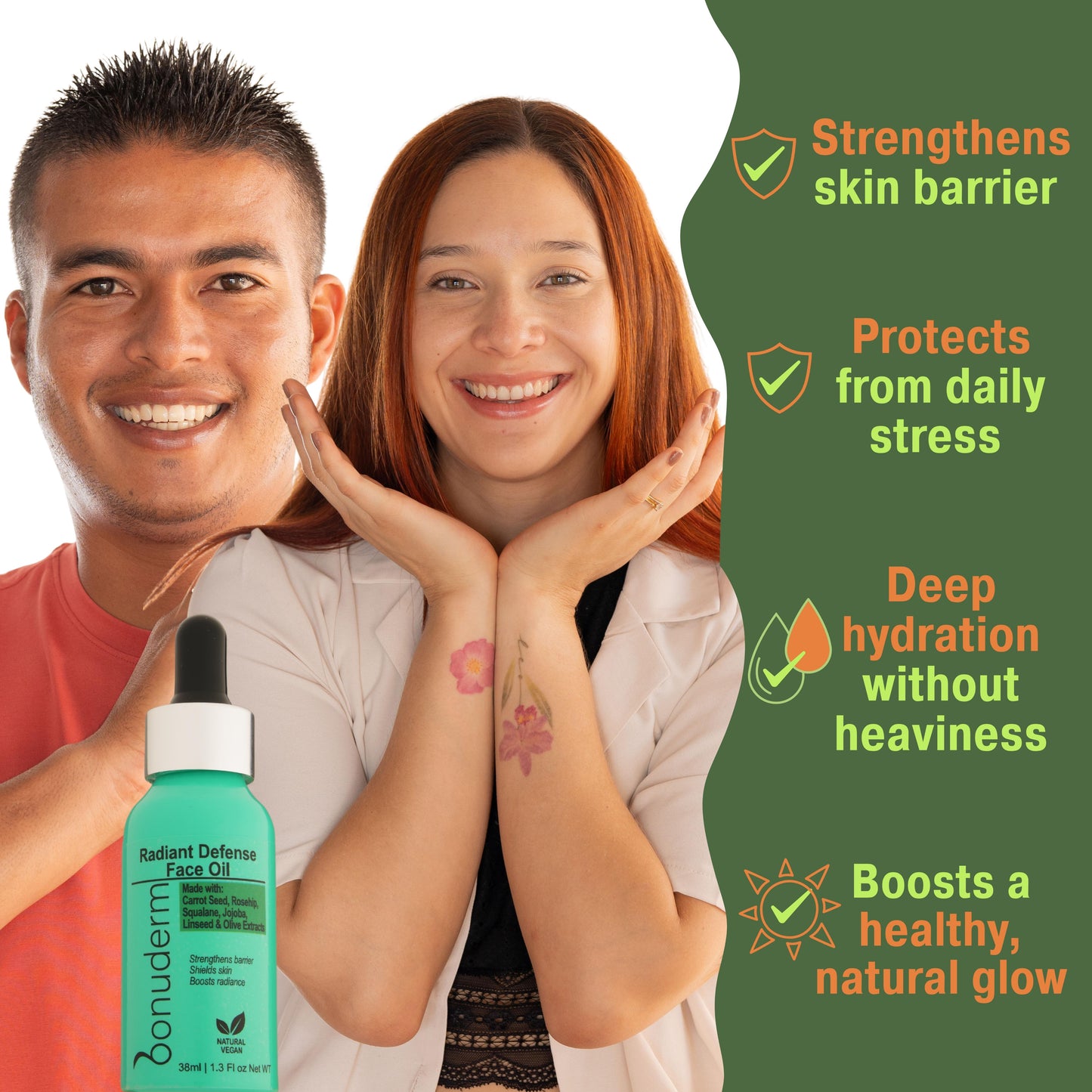 best face oil for dry skin by bonuderm with benefits including, strengthening, skin barrier, protection from daily stress, deep hydration 