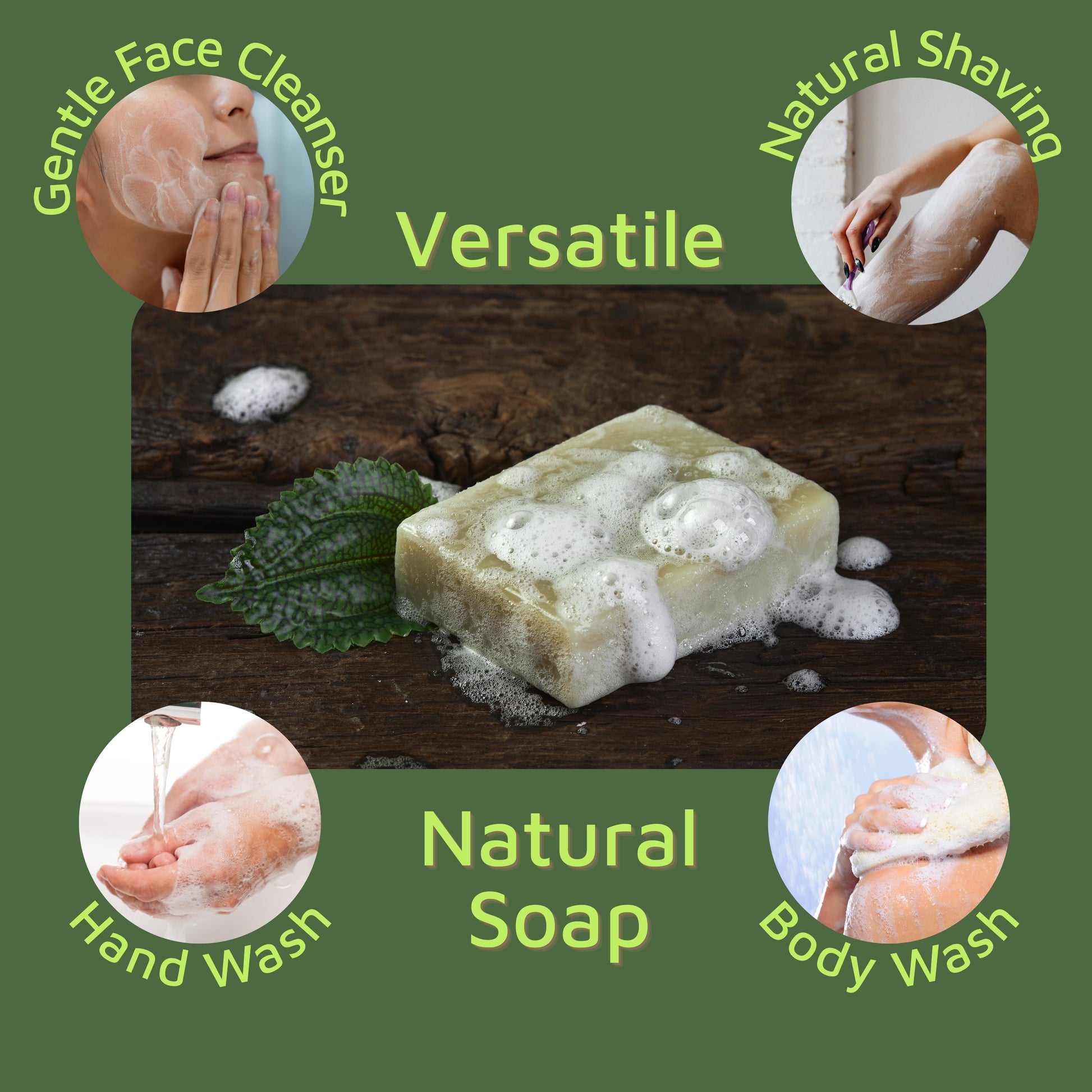 best patchouli soap with bubbles on a wooden background, surrounded by images of its uses like face cleansing, shaving, hand washing, and body washing.