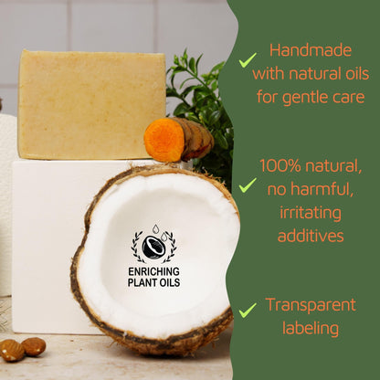 Best turmeric soap next to a coconut and real turmeric with ‘Enriching Plant Oils’ branding on a white background