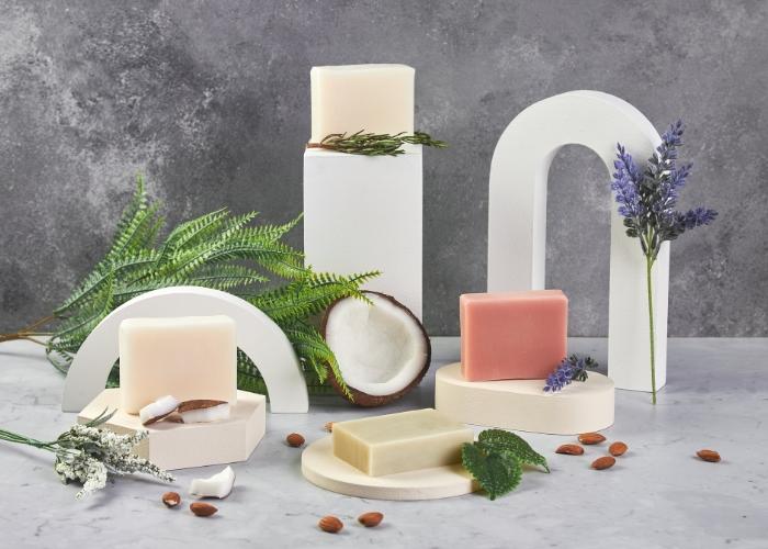 best moisturizing bar soap for dry skin on marble stands with a neutral background