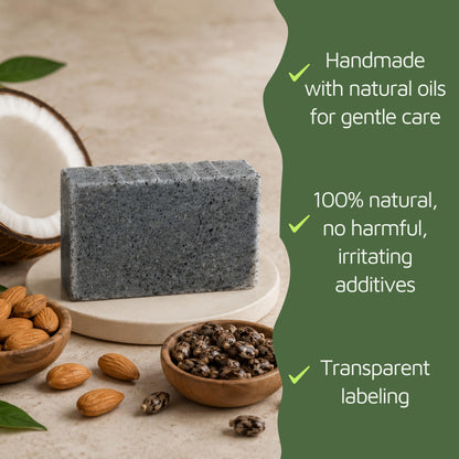 Handmade charcoal soap with coconut oil, almond oil, castor oil, and plant-based ingredients for gentle daily skincare