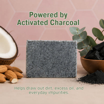 Eucalyptus charcoal soap for pimples made with activated charcoal, coconut oil, almond oil, and nourishing plant oils for everyday cleansing.