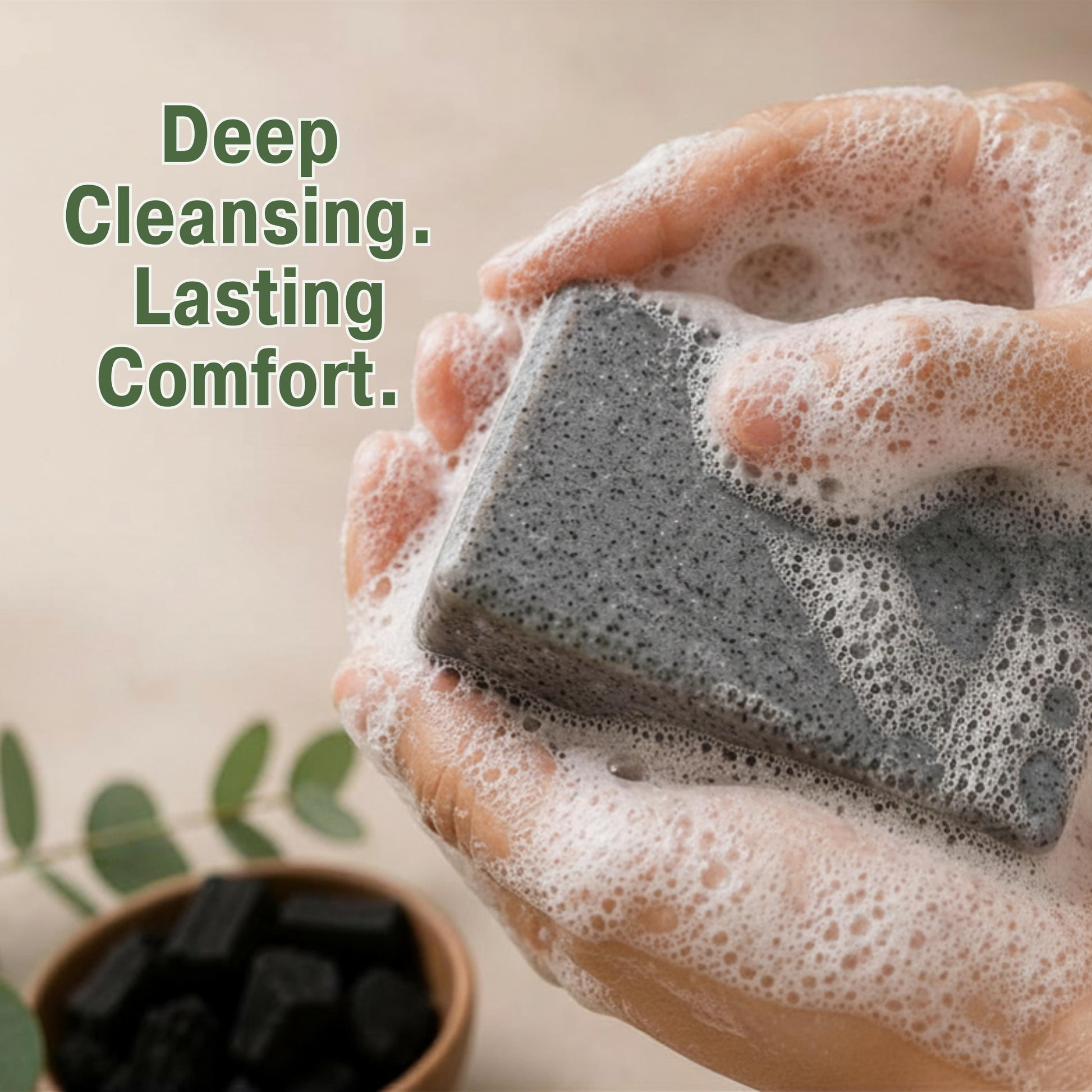 Hands lathering Bonuderm eucalyptus charcoal soap with a rich creamy foam during a refreshing shower routine.
