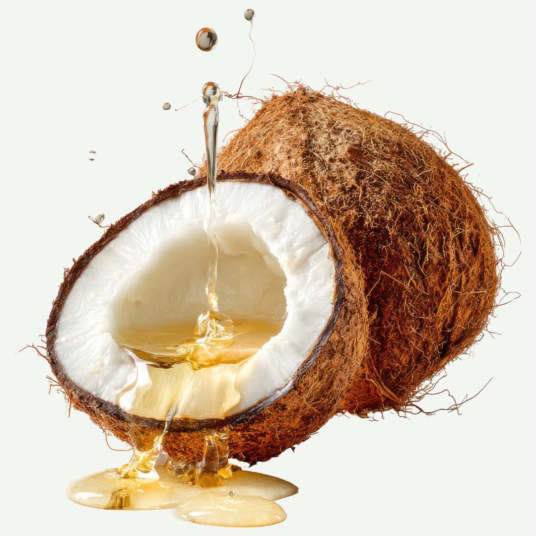 Coconut being sliced open with coconut oil pouring out on a white background as a natural soap ingredient 