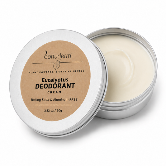 An open silver metal tin of Bonuderm Eucalyptus Deodorant Cream, showing the off-white cream inside, with the lid leaning in front displaying a kraft paper label.